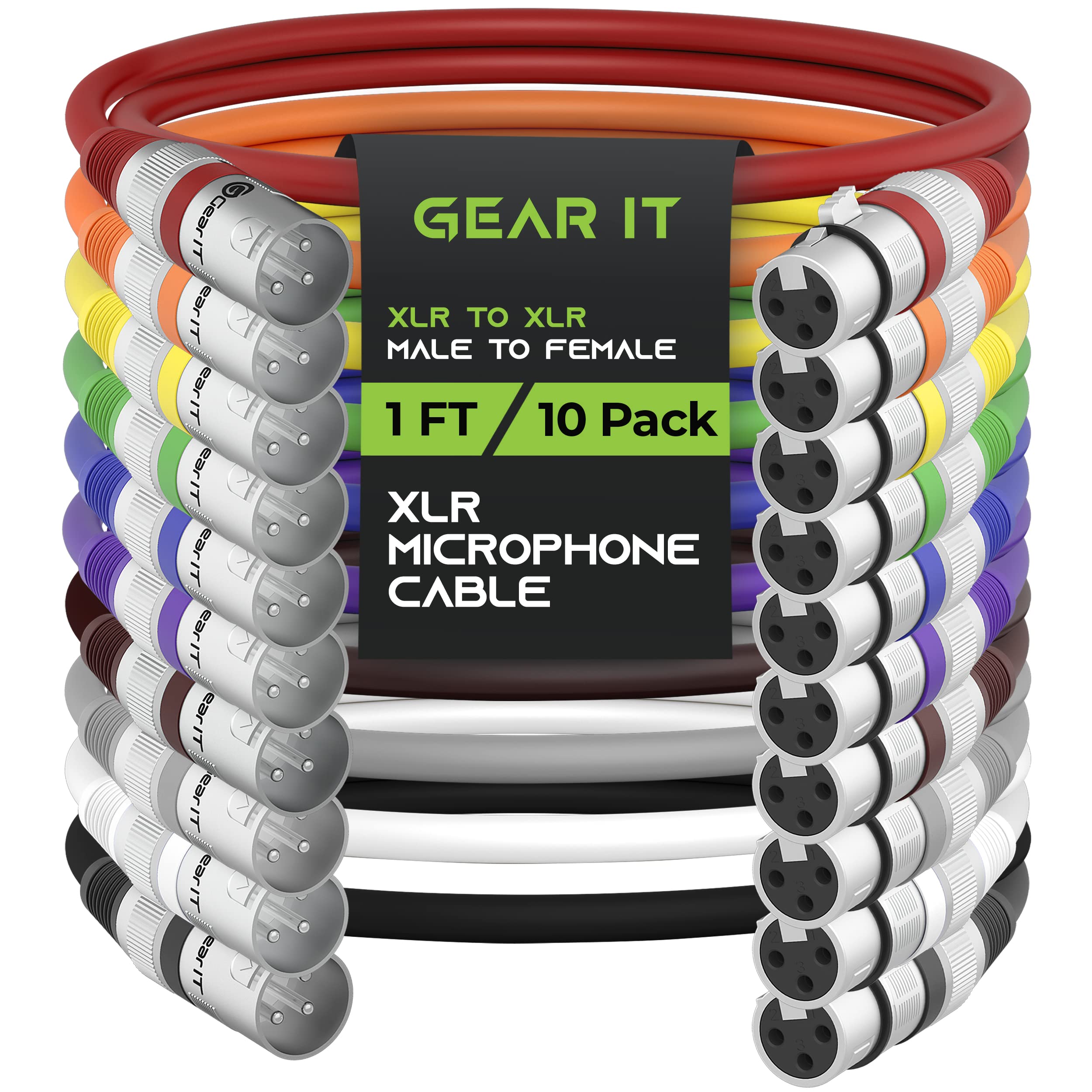 GEARitXLR Microphone Cable - 10 Pack (1 Feet, Multi Colored, 1Ft) - 3-Pin Balanced Shielded XLR Male to Female Mic Cable for Mic Mixer, Recording Studio, Podcast