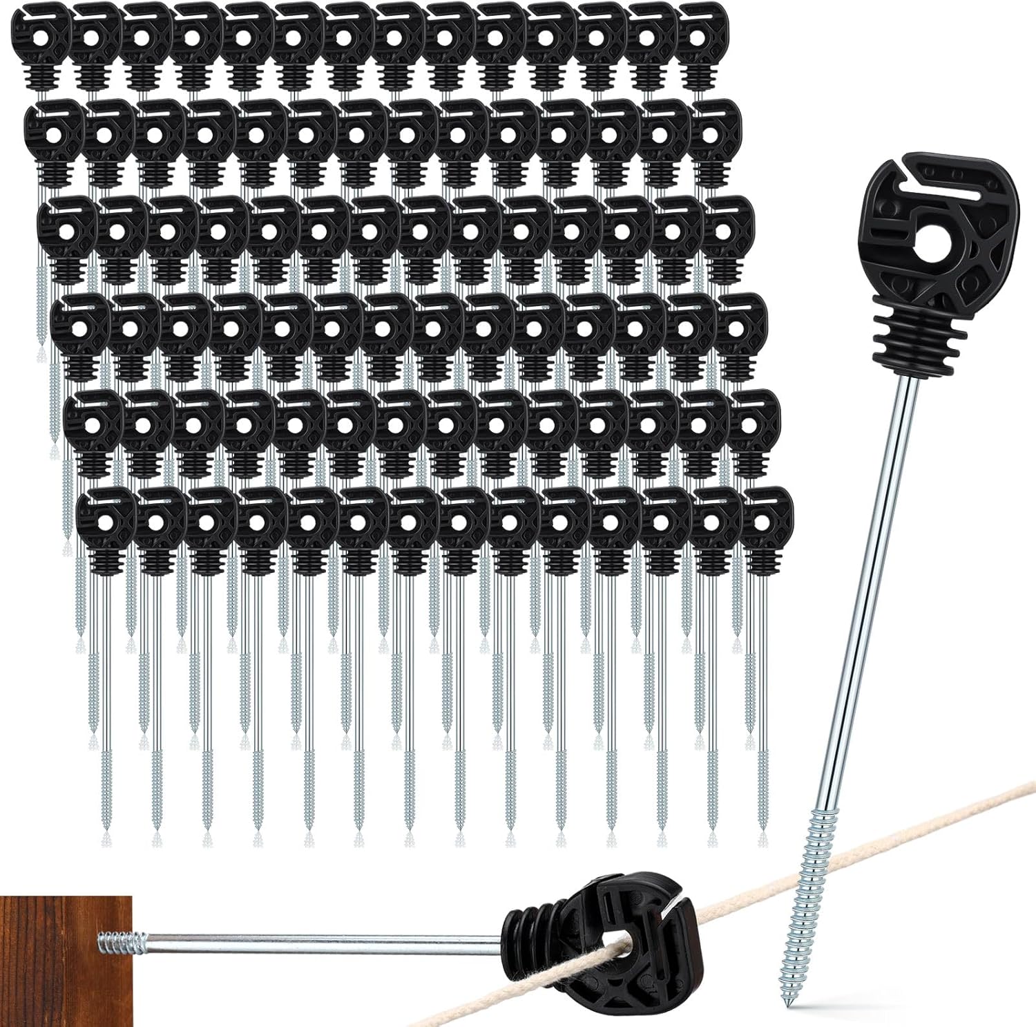 Tandefio 100 Pcs Electric Fence Wire Insulator Stand Off Screw in Insulator Black Fence Post Insulator Long Arm Wood Post Insulator for Tape Rope Electric Wire Animal Agricultural Garden