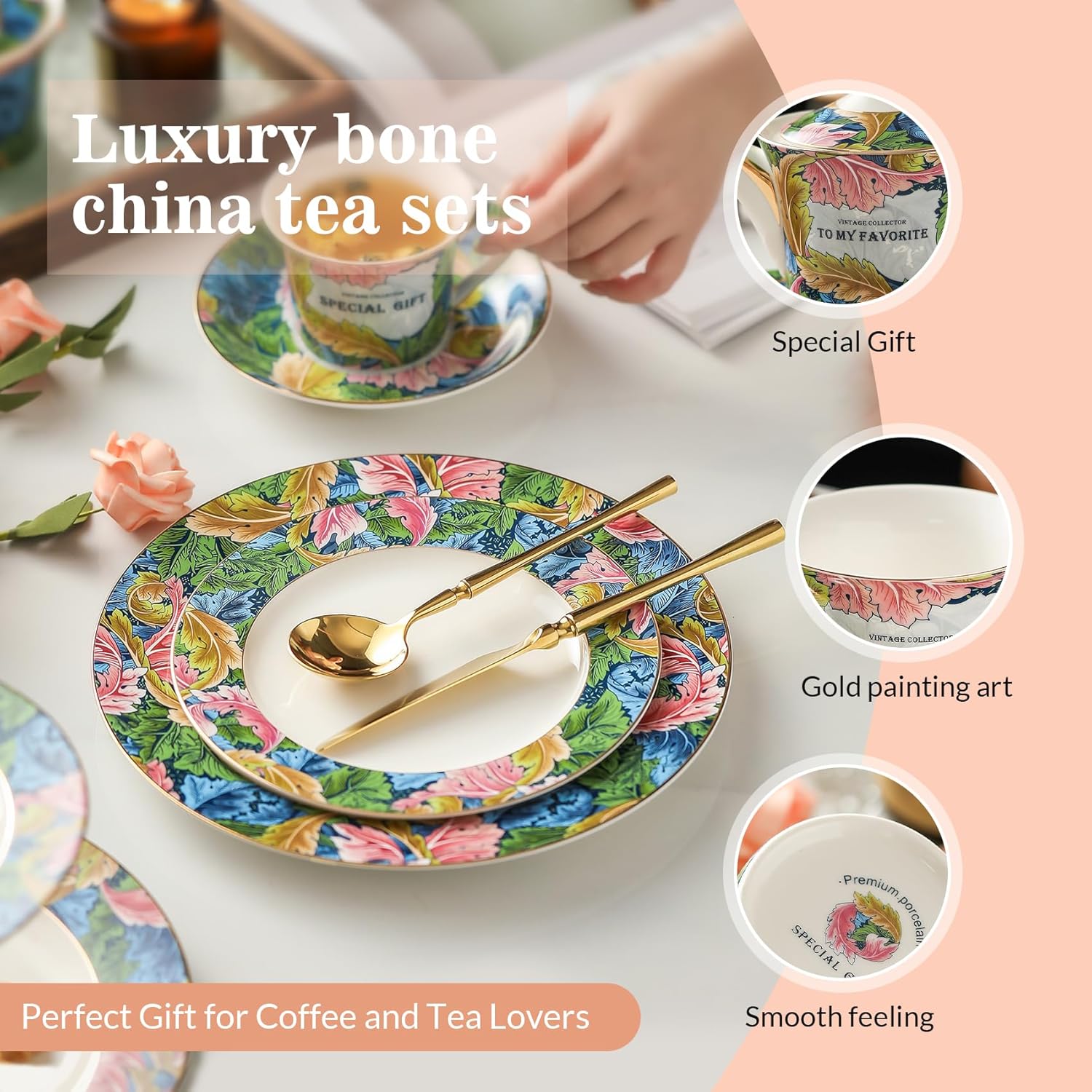 ACMLIFE Porcelain Tea Sets for Adults, 15-Piece Green Bone China Tea Set for Women, Tea Cups and Saucers Set Service for 4, Gift for Christmas (green, large set 13) - Image 2