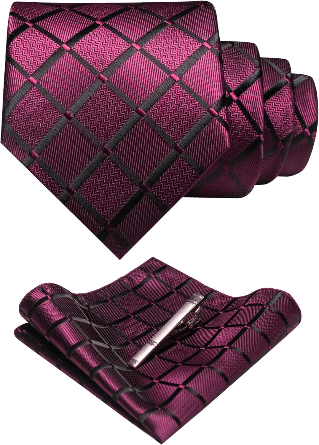 JEMYGINS Solid Color Mens Plaid Tie and Pocket Square with Tie Clip Sets