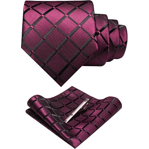 JEMYGINS Solid Color Mens Plaid Tie and Pocket Square with Tie Clip Sets