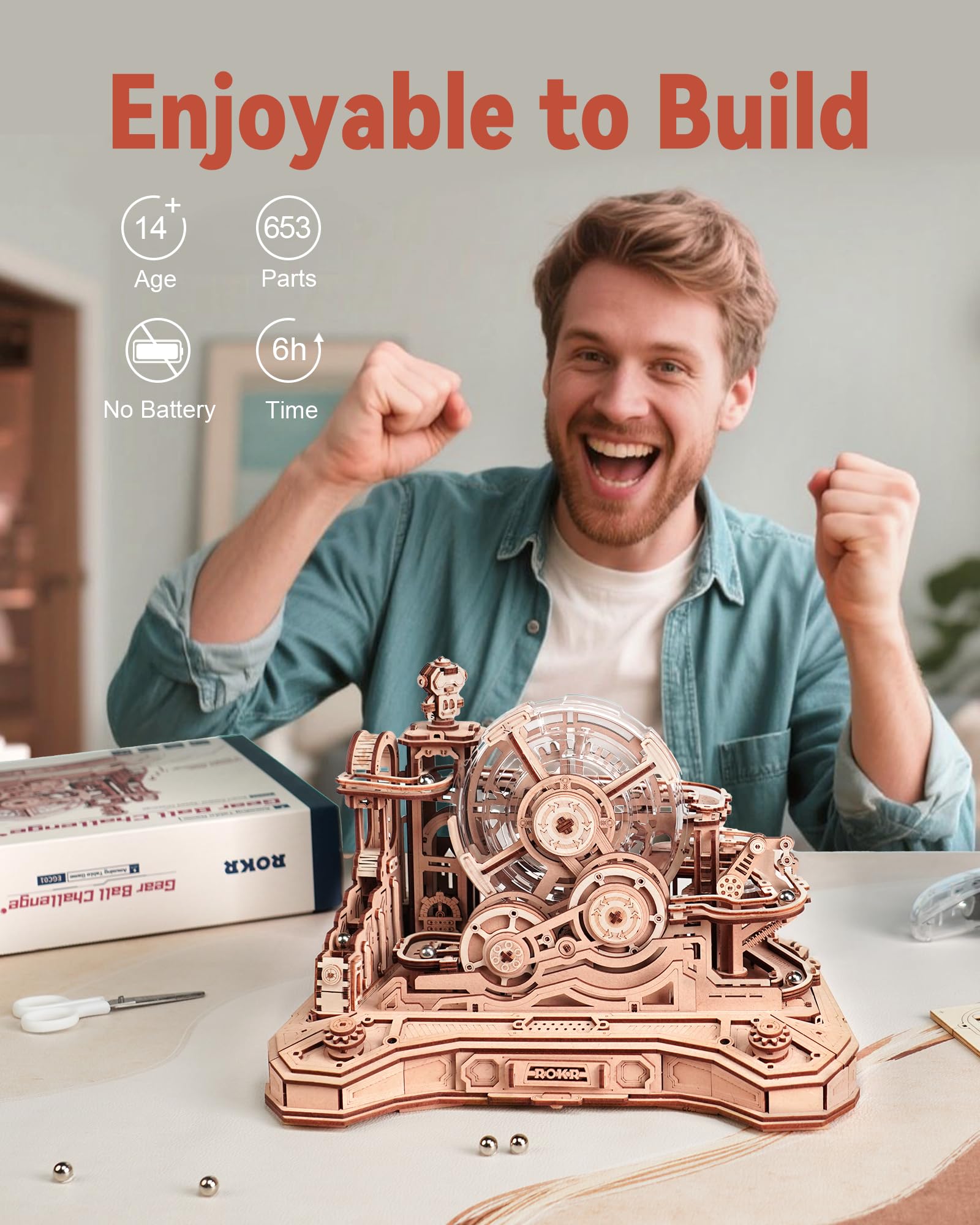 ROKR Gear Ball Challenge EGC01 3D Wooden Puzzle Marble Run Model Kits for Adults to Build Craft Kits DIY Pinball Machine Game Puzzle Gift for Men Women - Image 3