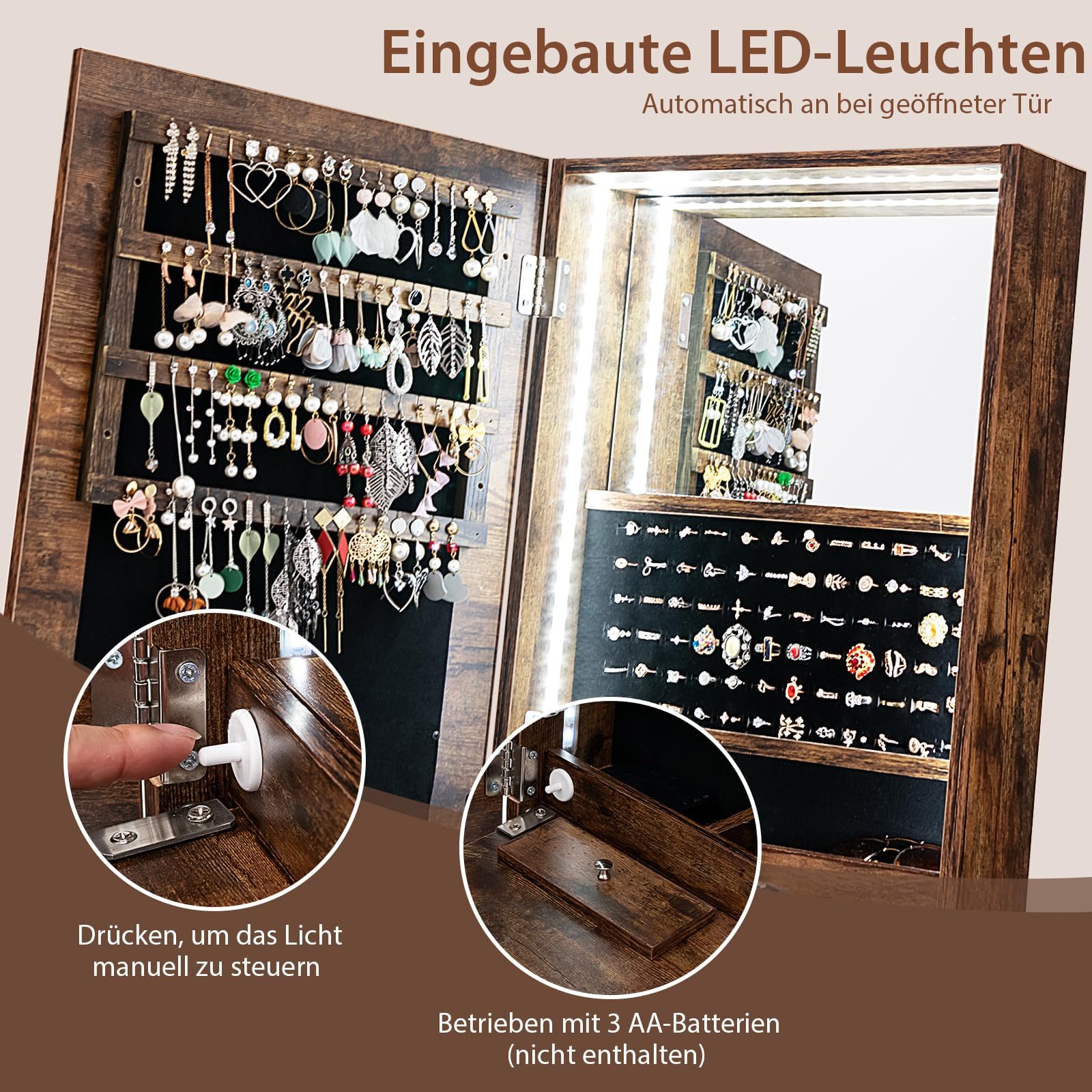 COSTWAY Schmuckschrank mit Spiegel, Spiegelschrank mit Beleuchtung, Schmuck Organizer mit Schubladen und klappbaren Ablage (Braun)