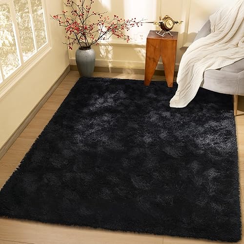 Miniatura 3 de Alfombra esponjosa para dormitorio, alfombra negra de 4 x 6 pies para sala de estar, dormitorio, alfombra peluda para niños, alfombra de felpa suave
