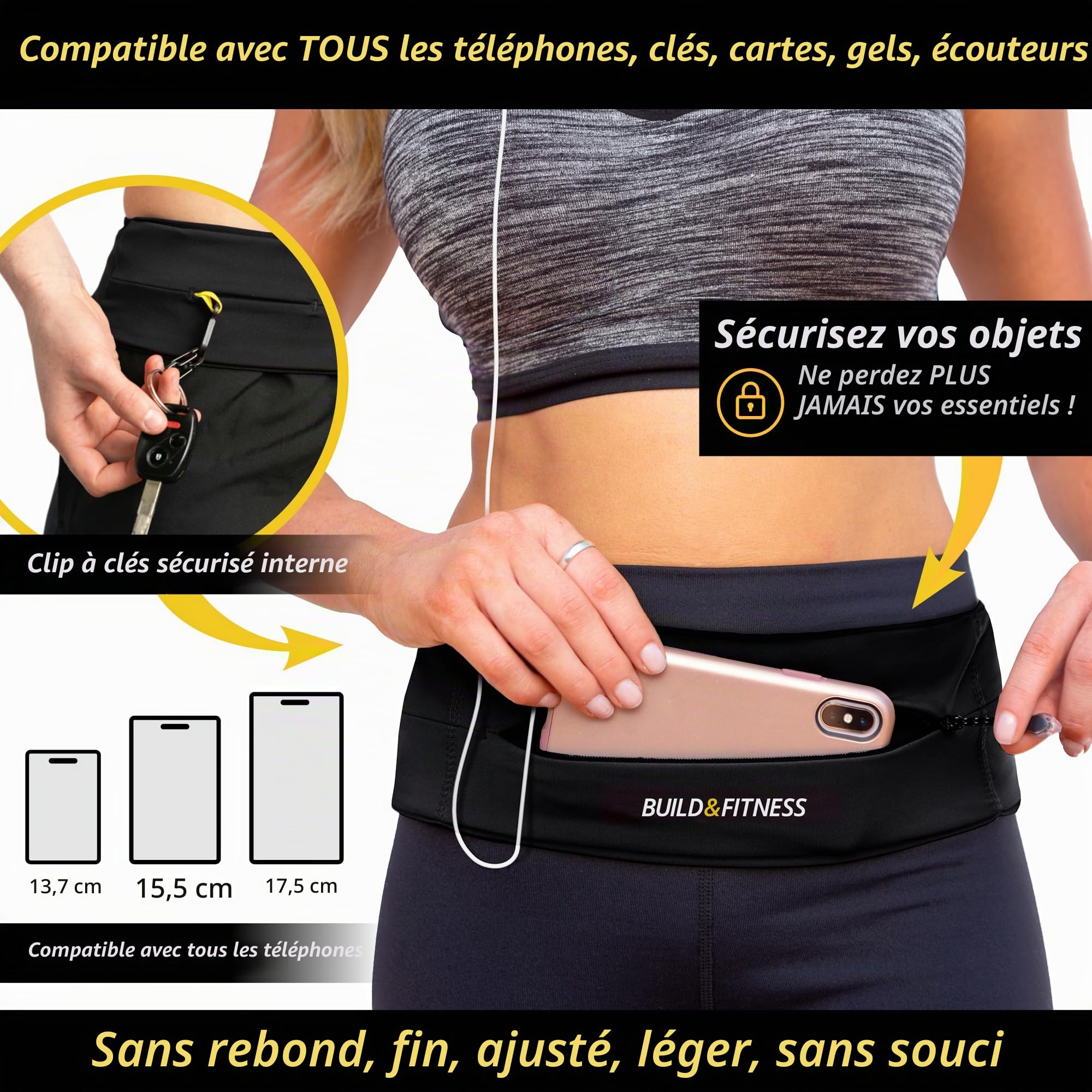 Build & Fitness Ceinture Running à Fermeture Éclair, Clip de Clé Sécurisé – Légère, Petite, Unisexe – Pour Téléphone, Clés, Carte, Airpods – Course à Pied, Gym, Jogging, Vélo