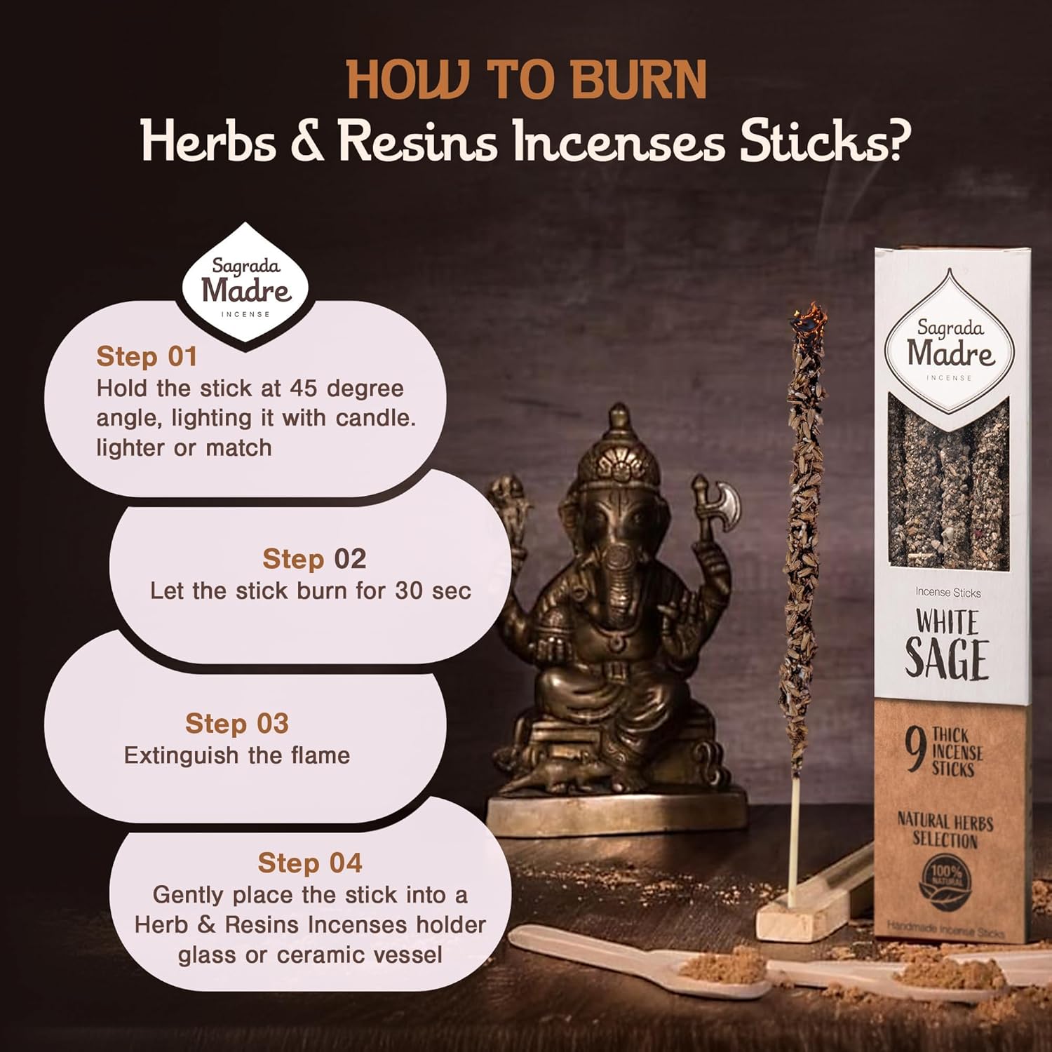 Sagrada Madre 9 pcs Wildly Harvested - White Sage Incense Sticks, 7" Long - Thick Aromatic Incense Sticks (45-55 min Burning Time) to Neutralize Negative Energies & Harmonizing Spaces -Pack x 3