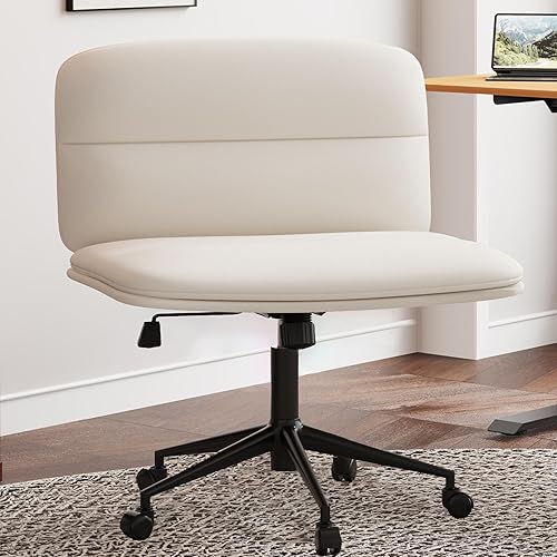 Criss Cross Chair with Wheels Armless Home Office Desk Chairs,PU Leather Computer Chair,Comfy Swivel Ergonomic Office Chair Height Adjustable Mid Back Vanity Chair for Home Office/Living Room White