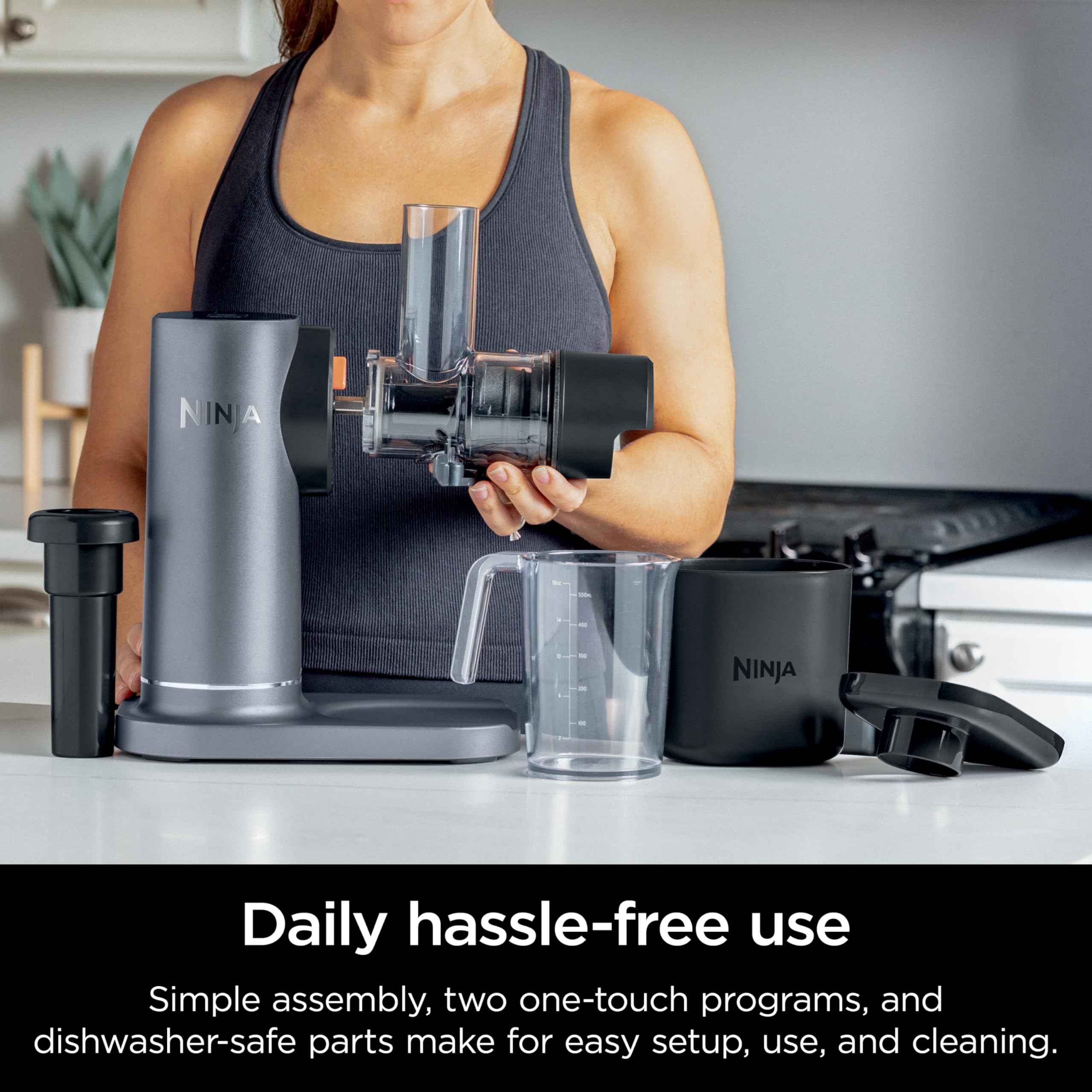 Ninja NeverClog 150 W Cold Press Juicer with 18oz Jug, 30oz Pulp Container, 2-Speed, Compact, Anti-drip lever (JC150) (Renewed)