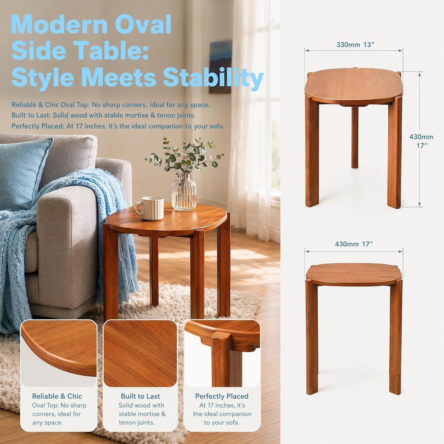 100% Solid Walnut Wood Mini Coffee Table, Round Cofffe Tables Side Table w/Solid Wood Legs, Walnut Mid Century Table for Bedroom Balcony Living Room（ellipse13”-17” -17”H）