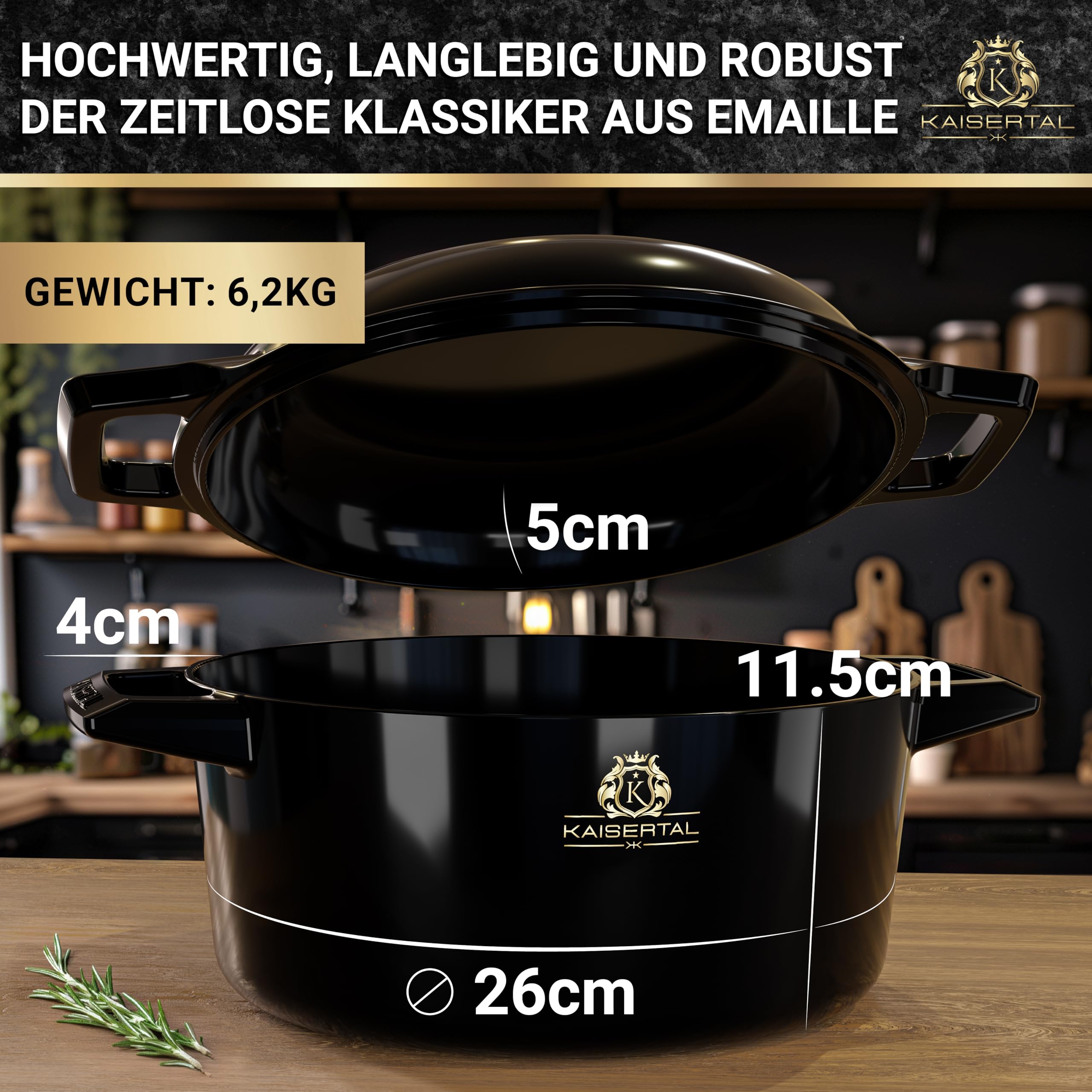 KAISERTAL Emaillierter Gusseisen Topf – 2in1 Bräter mit Deckel 4,8L & Gusspfanne 1,8L – Schmortopf mit Deckel & Gusseisen Bräter – Brotbacktopf Bratentopf Outdoor Induktion Bräterset inkl. Rezeptbuch
