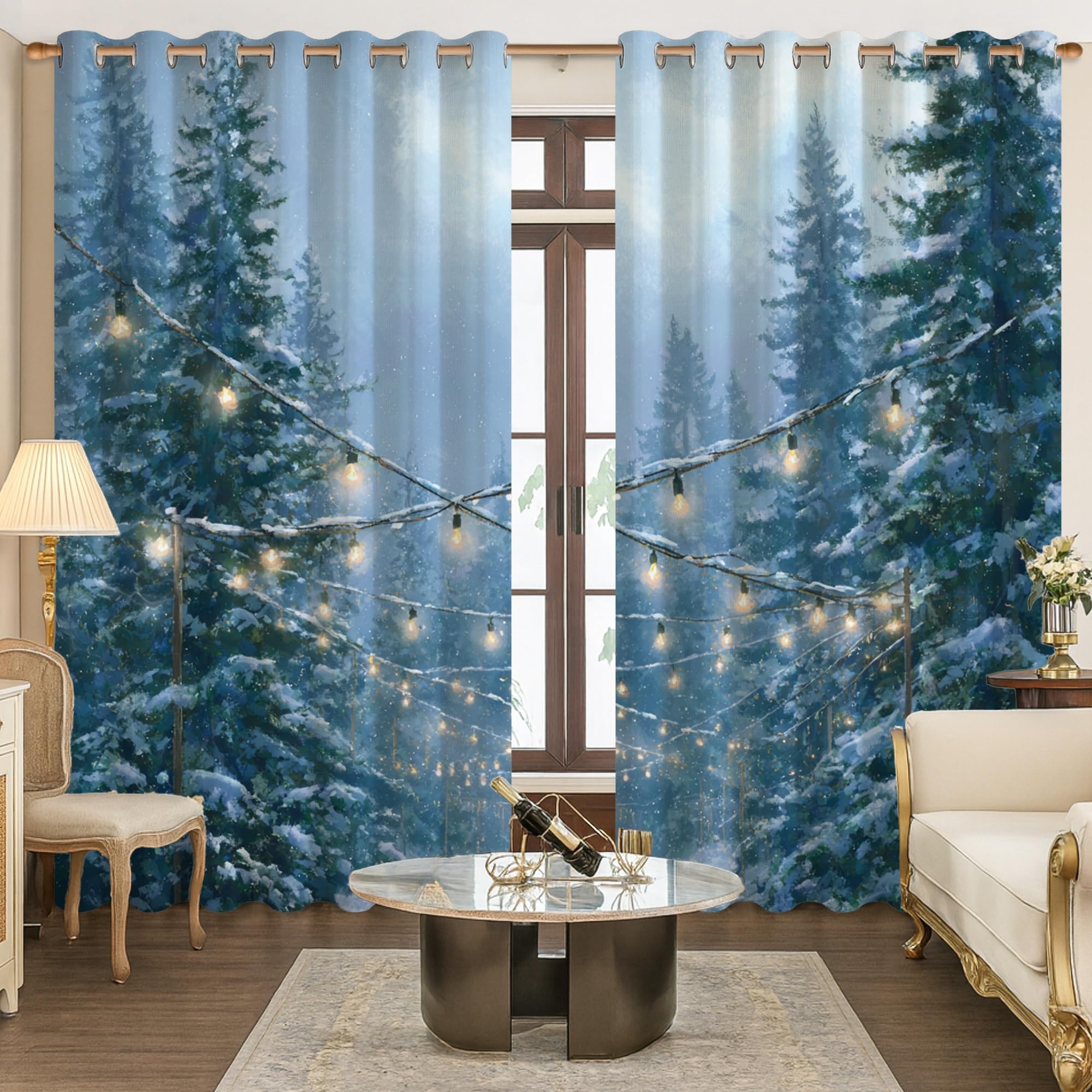 Verdunkelungsvorhänge, Kiefernbäume, rustikale Lichterkette, Schnee, Winter, blau, maschinenwaschbar, Fenstervorhang für Schlafzimmer, Kinderzimmer, Dekoration, 132 x 244 cm