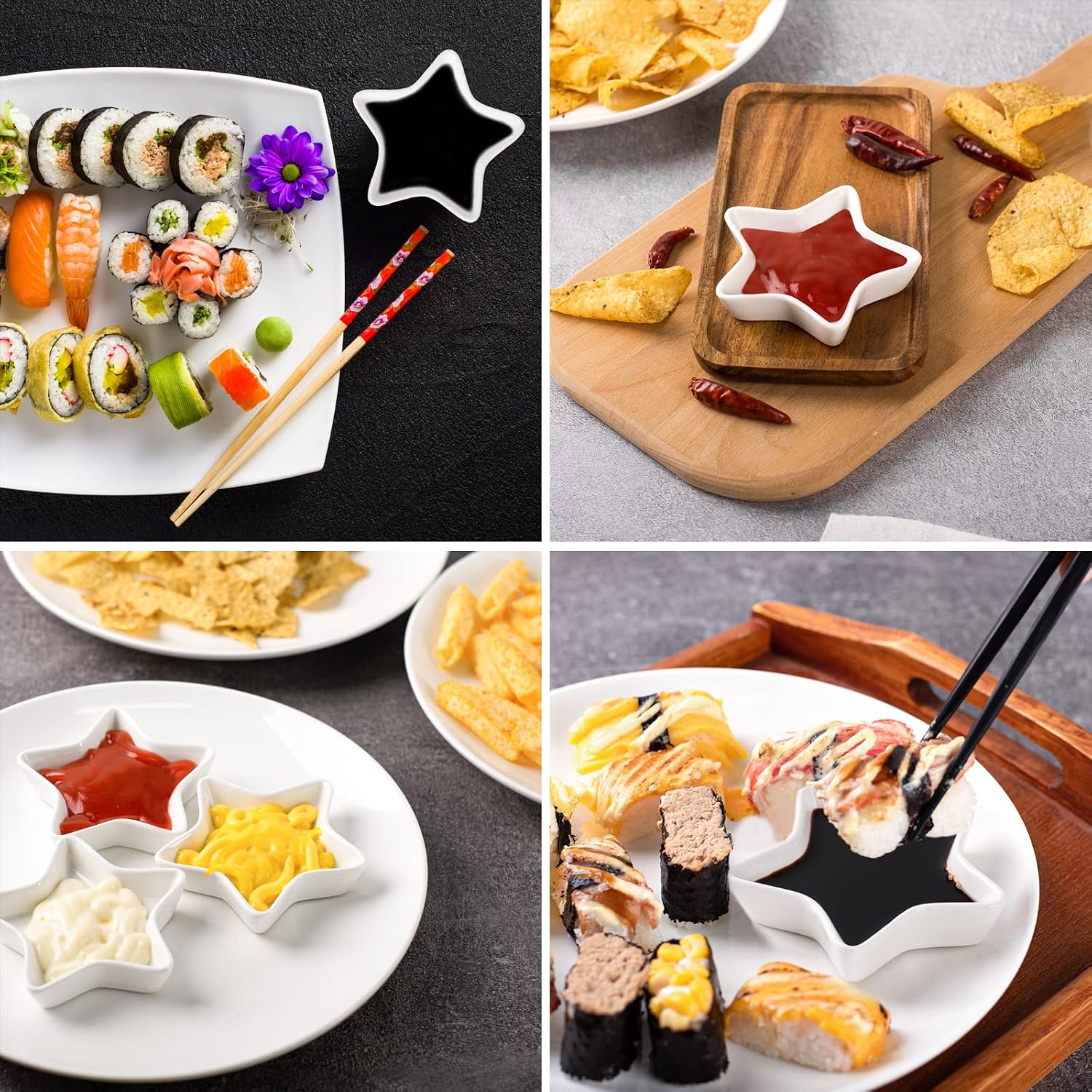 DELLING Star Shaped Soy Sauce Dishes Set of 6, Ceramic Dipping Bowls 1.3 Oz, Small Sauce Cups for Condiment Ketchup BBQ, Pinch Bowls for Charcuterie Board, Porcelain Dipping Sauce Dishes, White