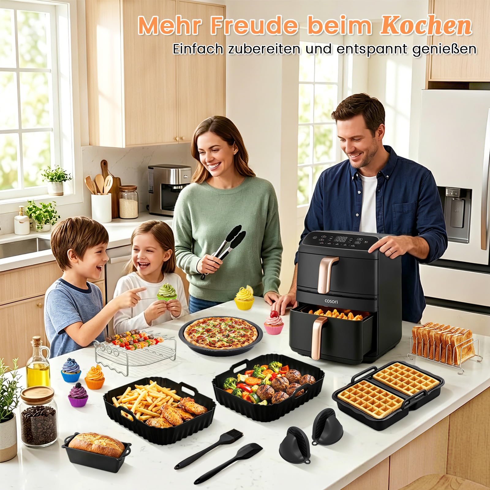 Heißluftfritteuse Zubehör für COSORI Airfryer Turbo Tower Compact 8.6L | Silikonform Heißluftfritteuse Zubehör Set Wiederverwendba Auflaufform Einsatz für COSORI DC861 Heißluftfritteuse 2 Kammern
