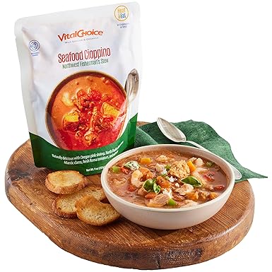 Vital Choice Savory Seafood Cioppino, Heat-And-Eat Food Pouches, Wild Caught Seafood, Sustainably Caught Shrimp, Albacore Tuna, Atlantic Clam, Roma Tomatoes, 9-Oz Pouches, 3 Pack