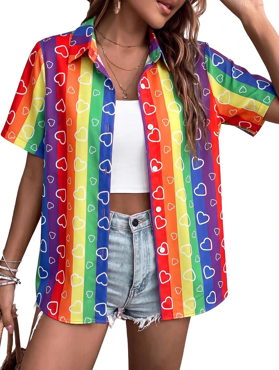 QLIPIN Rainbow Shirts for Women Pride Outfits for Women Rainbow Button Up Shirt LGBTQ Shirts Casual Pride Tops