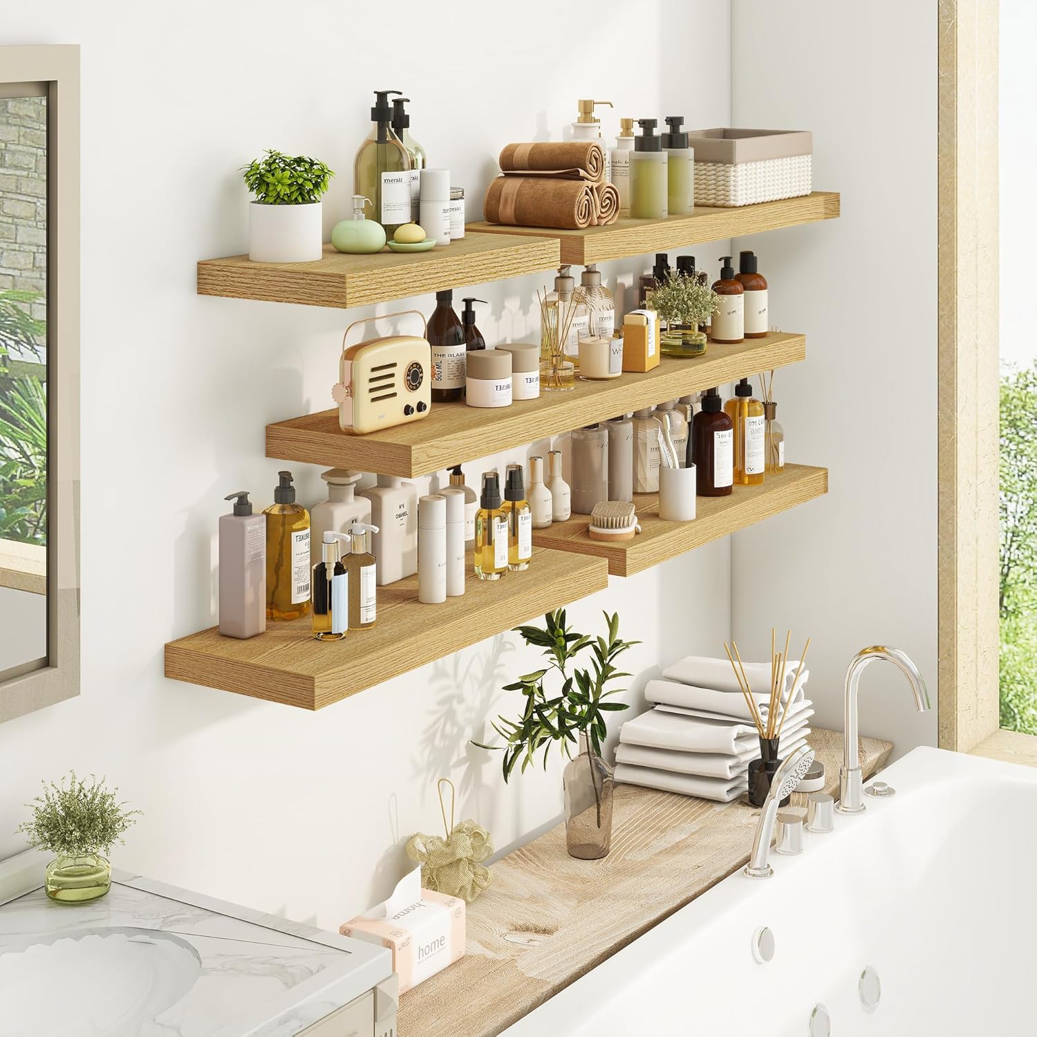 Fun Memories 16 Inch Floating Shelves for Wall, 9.3Inch Deep Floating Shelf, Extra Deeper & Thicker Wall Mounted Storage Shelf for Kitchen, Farmhouse, Oak, 2 Pack