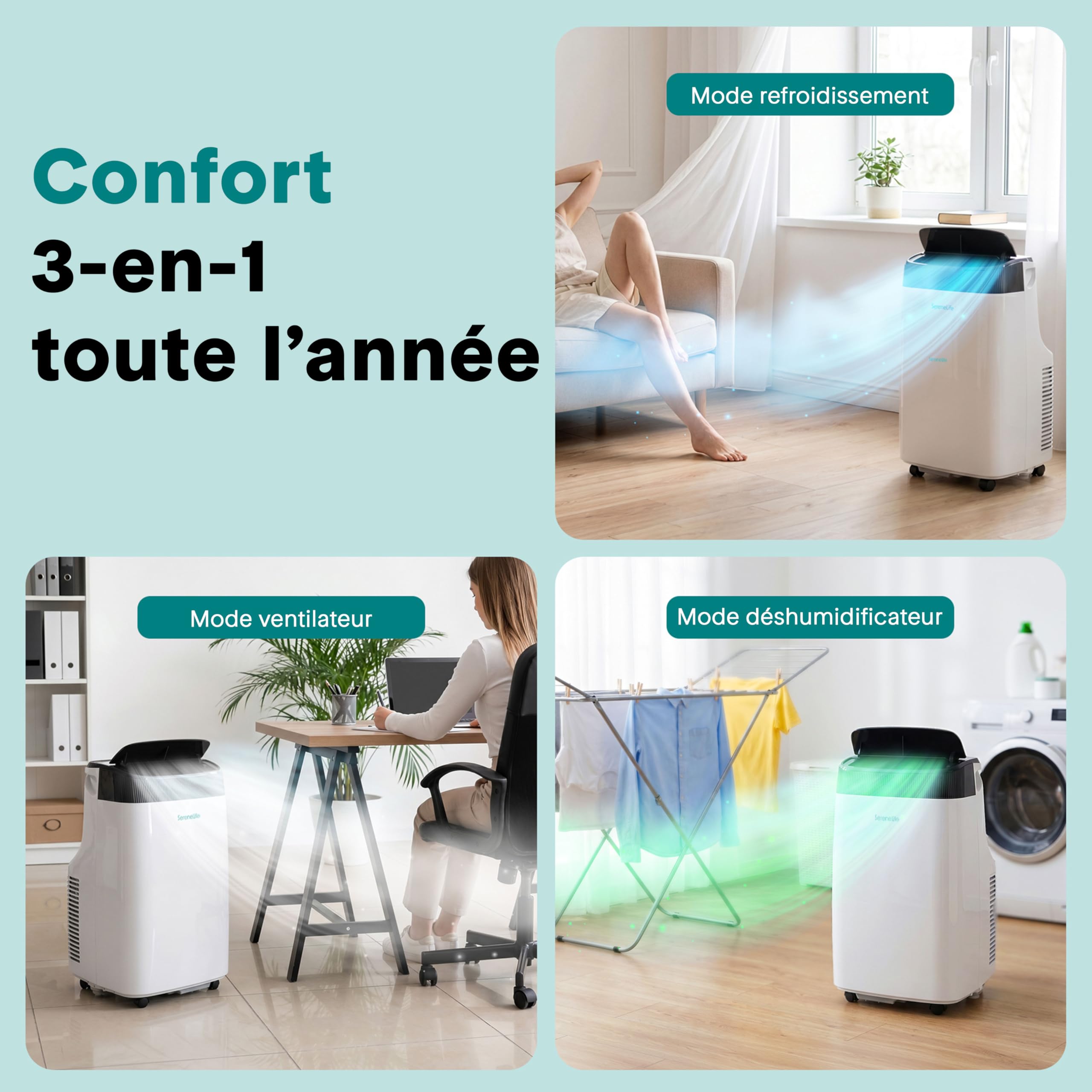 SereneLife Climatiseur Mobile Silencieux,7K BTU, Climatiseur Portable 3-en-1 avec Fonction Déshumidificateur Intégrée, Mode Ventilateur, Télécommande, Kit d'Évacuation Complet pour Fenêtre,Blanc
