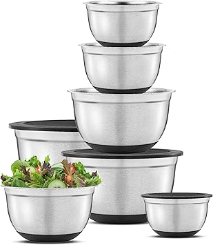 JoyJolt Stainless Steel Mixing Bowls with Airtight Lids, 7 Piece Nesting Bowls Set for Kitchen with Measurement Marks, Non-Slip Bottoms, Cooking, Baking, Prepping, Storage, 7/5/4/3/1.5/1/.75QT, Black