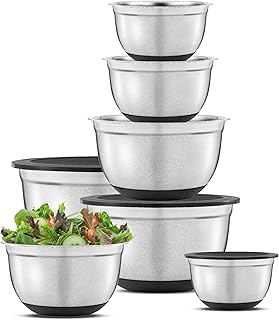 JoyJolt Stainless Steel Mixing Bowls with Airtight Lids, 7 Piece Nesting Bowls Set for Kitchen with Measurement Marks, No...