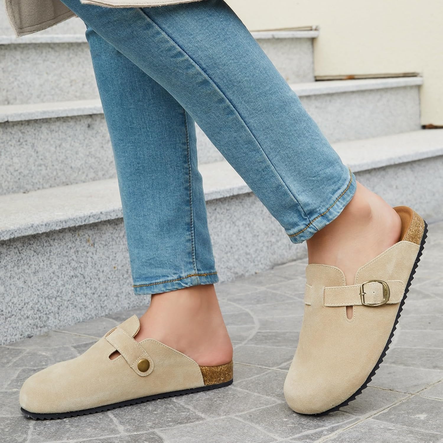 Womens Suede Clogs Mens Genuine Leather Mules Cork Footbed Sandals with Arch Support - Image 2