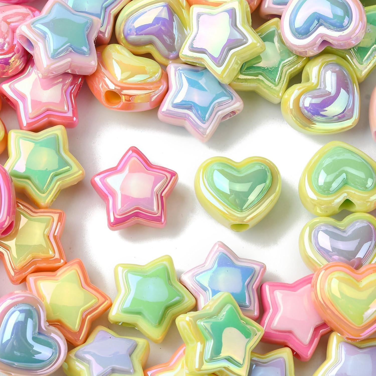 KitBeads 50pcs 10 Styles Acrylic Heart Star Beads UV Plated Heart Shaped Colorful Star Shaped Beads for Jewelry Making Bracelet Craft Bulk