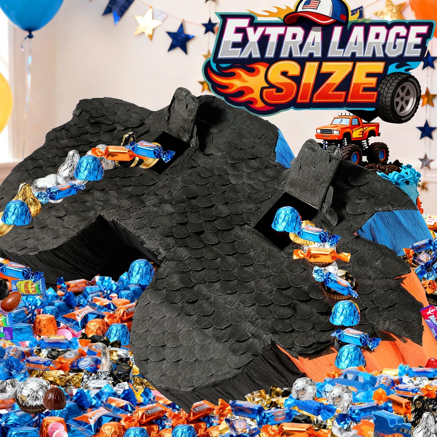 27" Race Car Piñata, Monster Truck Pinata Bundle with Blindfold and Bat Party Favors for Kids Boys Exciting Party Games Supplies
