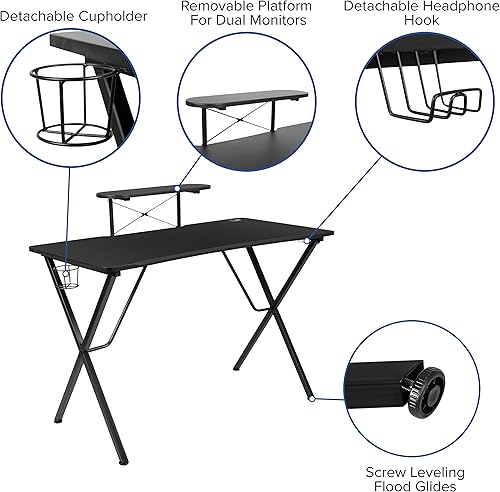Miniatura 299 de Flash Furniture Juego de escritorio para juegos negro y silla de carreras blanco/negro con soporte para tazas, gancho para auriculares y soporte