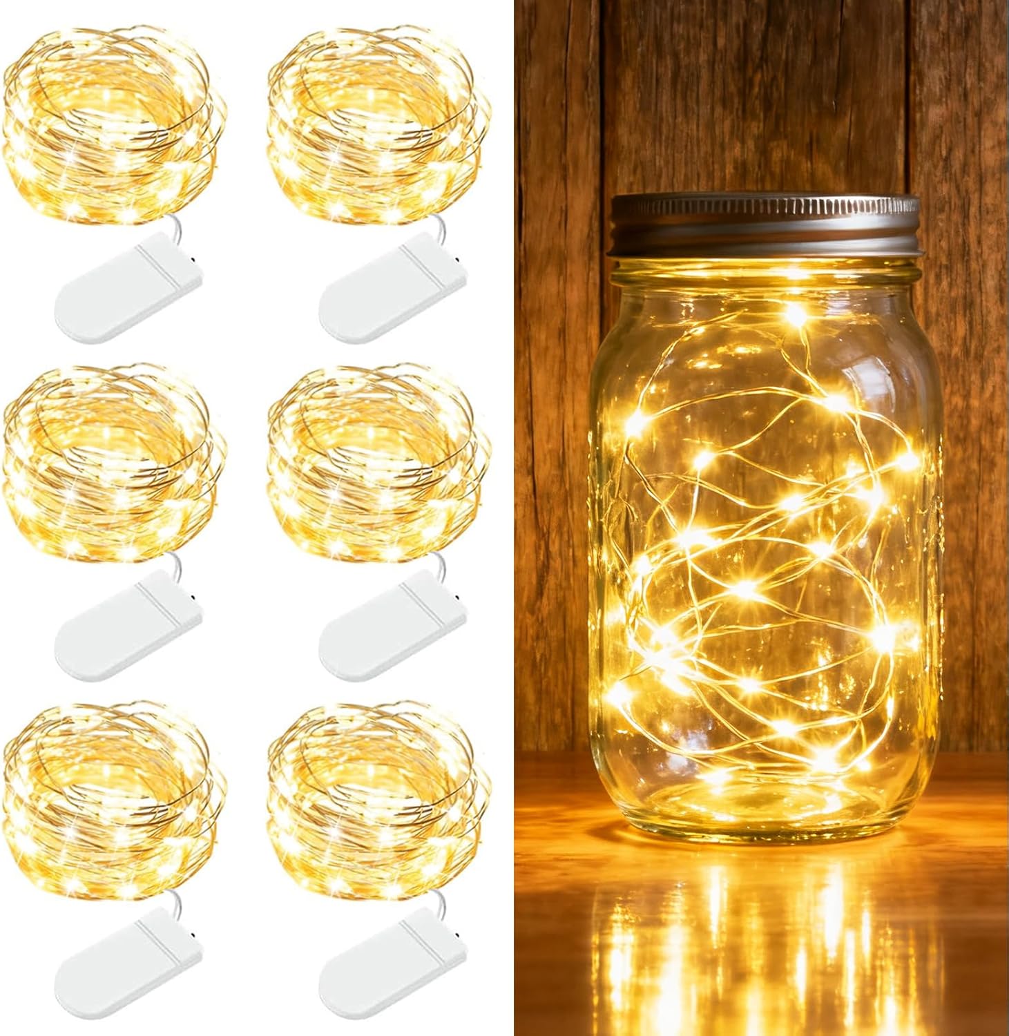 Product image of 6 Pack Fairy Lights Battery Operated - 7ft 20 LED Twinkle Lights Copper Wire Mini String Lights Firefly Lights for Mason Jars DIY Crafts Christmas Wedding Party Centerpiece Table Decor, Warm White