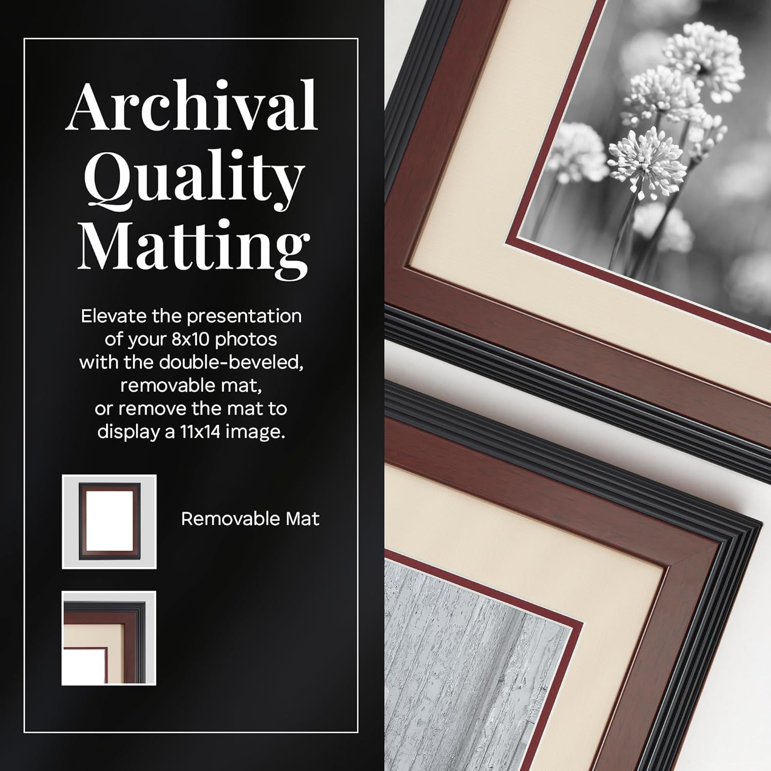 Old Town Designer Picture Frames, 11x14 Picture Frame 2 Pack with Deluxe Velour Back and Removable 8x10 Mat, Photo Frame for Desk or Wall Decor, Made from Post-consumer EPS & Acrylic Glass, Walnut