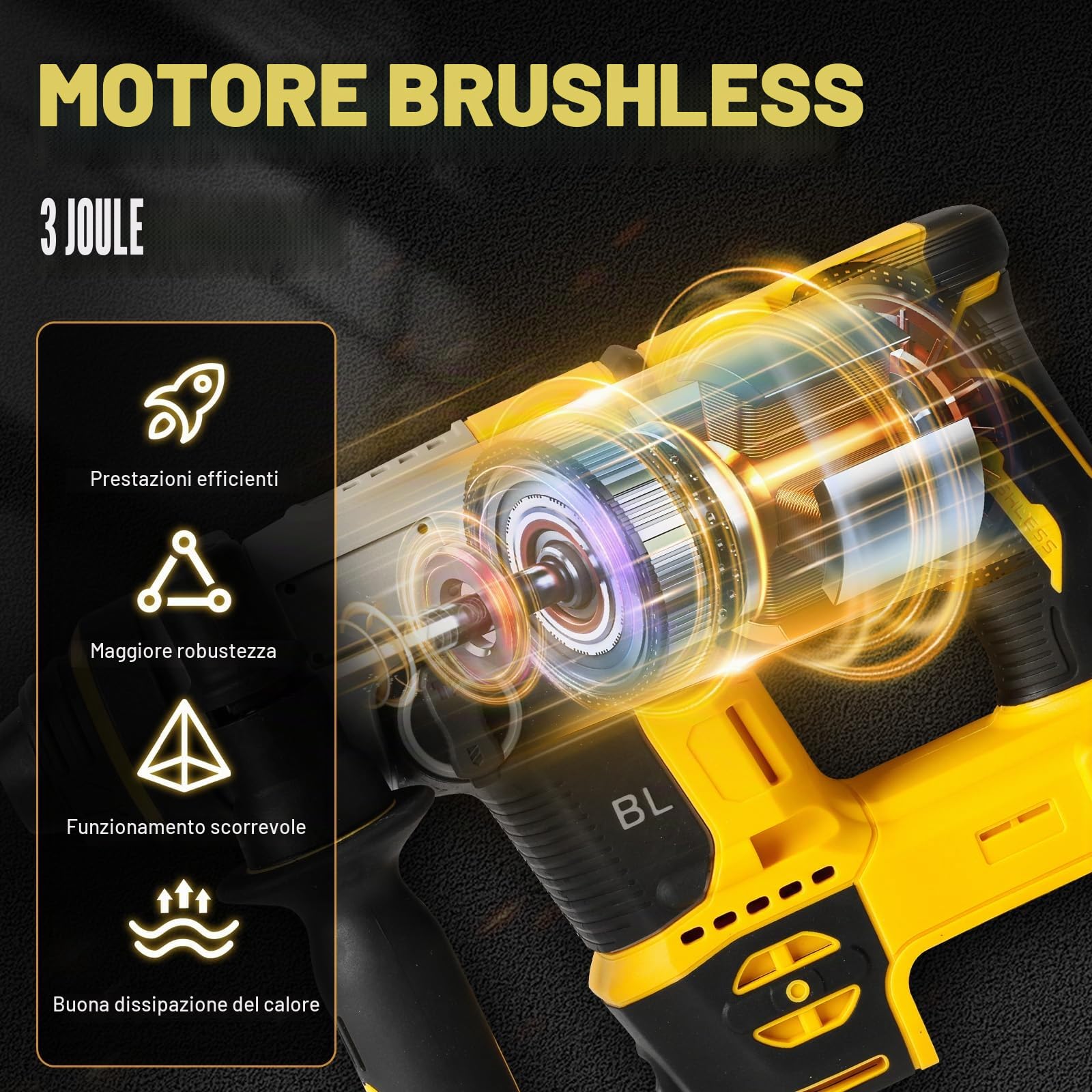 Roadtime 1250W Martello Combinato a Batteria e Trapano 2-in-1 Compatibile con DeWalt 20V (senza Batteria), Trapano Brushless 22 mm 3500 giri/min, Martello a Percussione da 3 J, Trapano Avvitatore