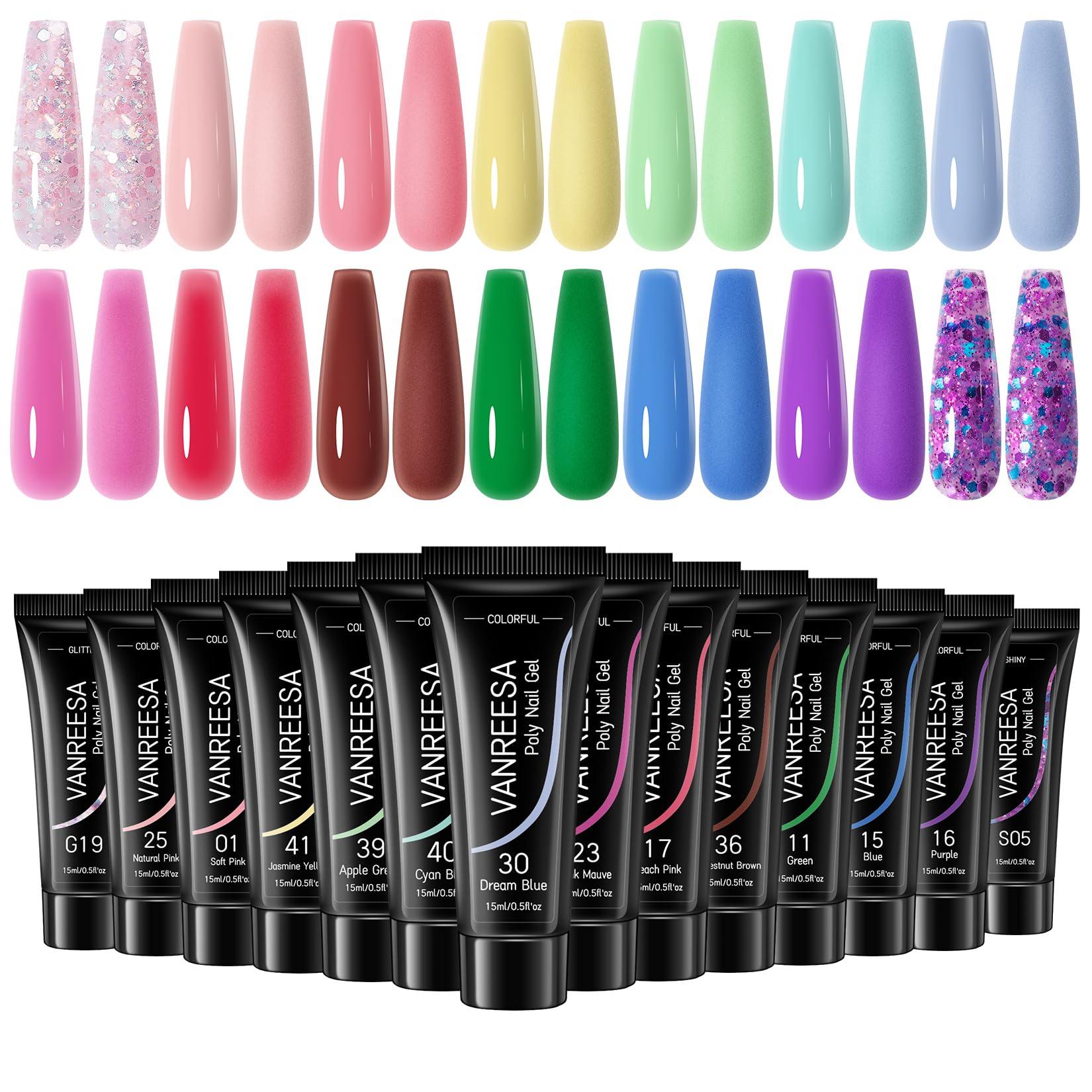 VANREESA Kit Uñas Acrilicas, 14 Colores Kit Gel Constructor Uñas Profesional con Rosa Viola Blu Glitterato Kit de Gel Semipermanente para Uñas, Set de Manicura Regalo para Mujer