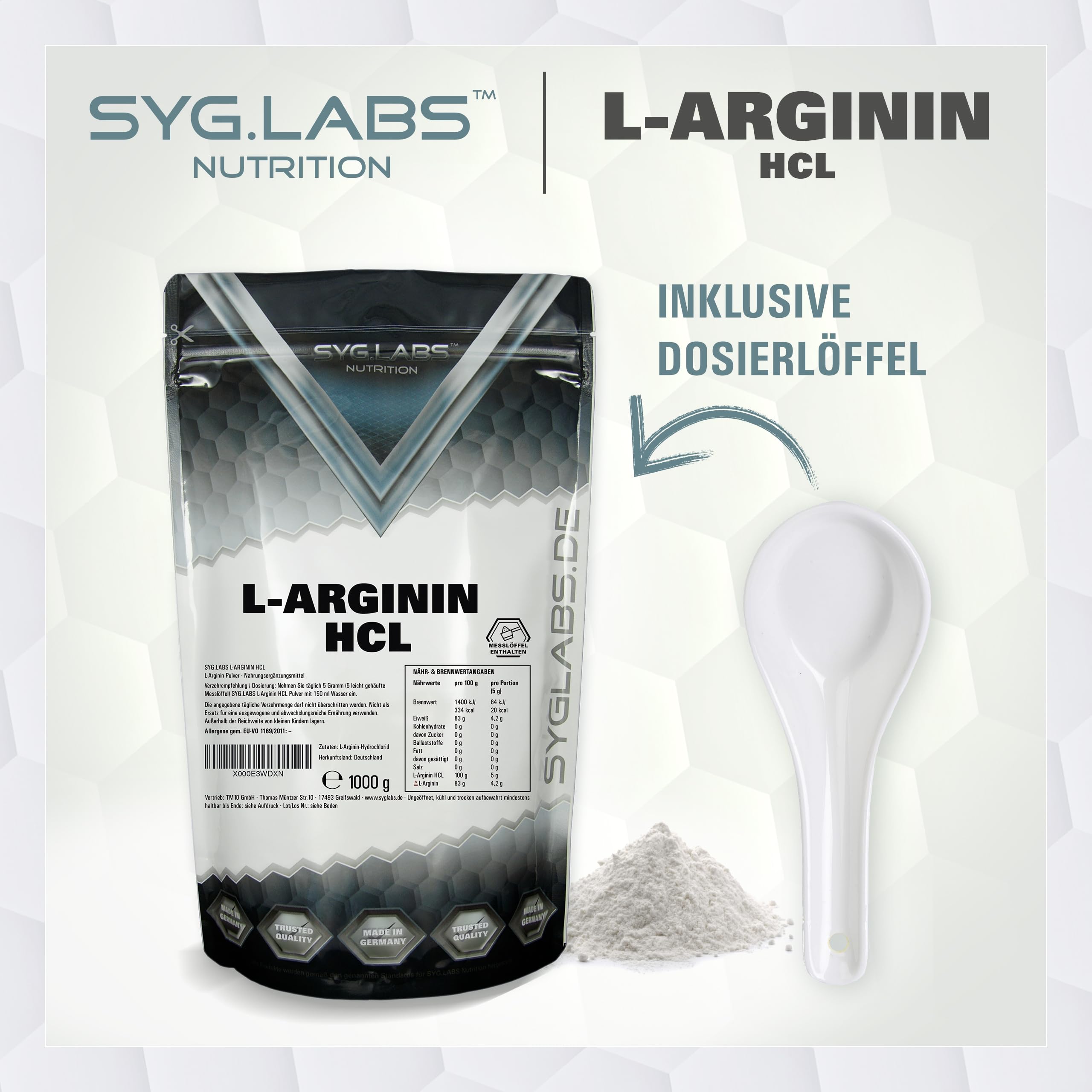 L-Arginin HCL - 1000g Pulver Premium L-Arginin Hydrochlorid - durch Fermentation - ohne Zusätze - vegan - Arginin