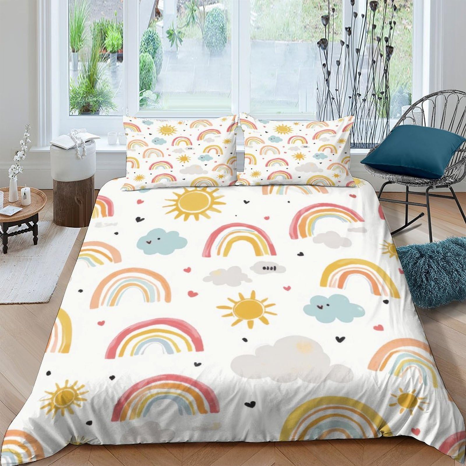 Ctjqhvkz Style-4 3D Printed Rainbow Sun Fitted Sheet Microfiber Cloud Pattern Mattress Cover For Bedroom Dorm Easy Care Single（135X200cm）