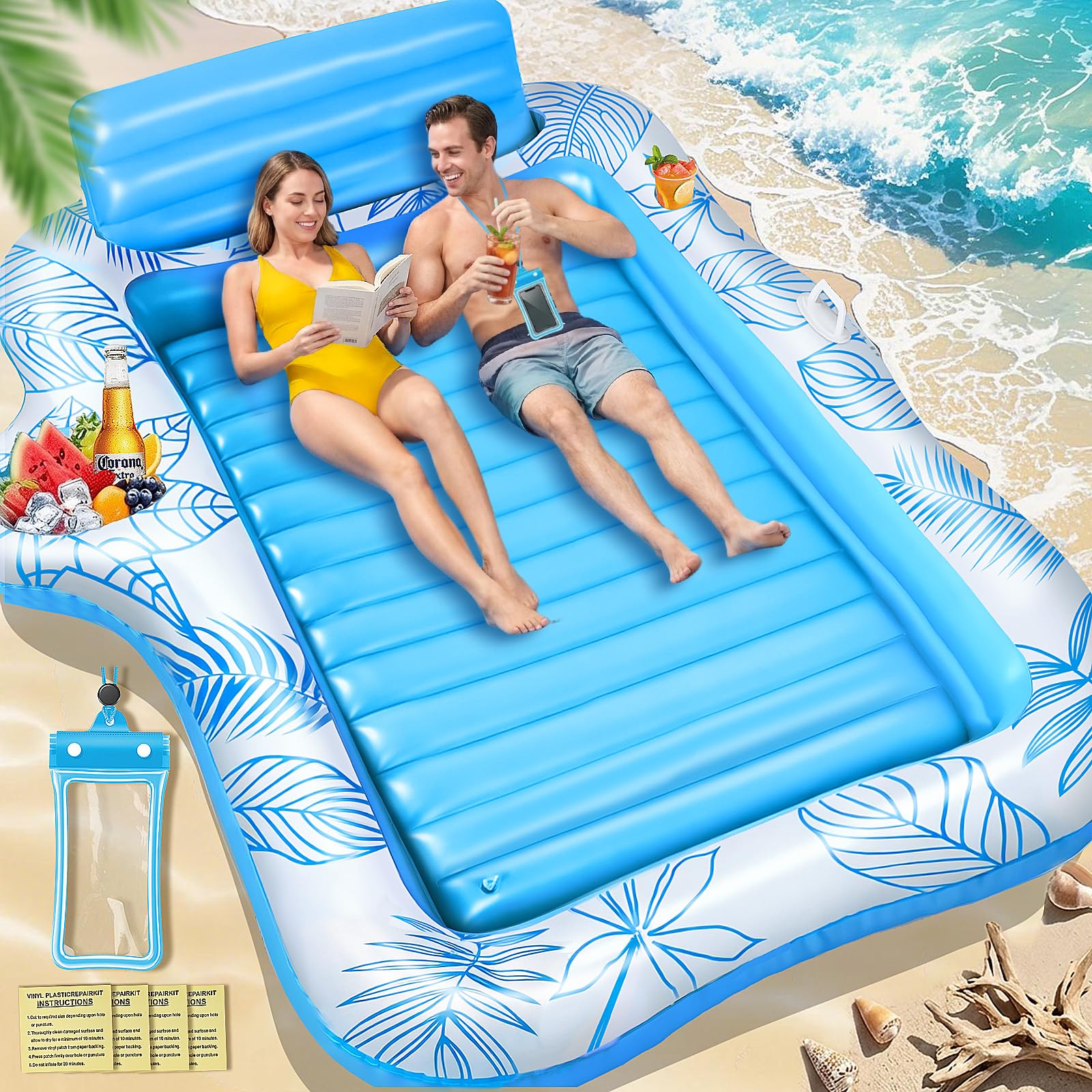 Charmofun Materassino Gonfiabile Abbronzante, 230 * 180 cm Materassino Gonfiabile Piscina con Custodia Impermeabile e Bar del Ghiaccio, Lettino Abbronzante Zattera Piscina per Spiaggia Festa