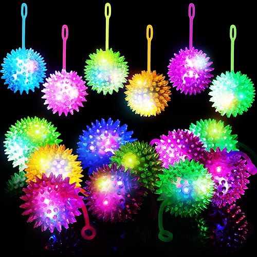 24 bolas iluminadas, recuerdos de fiesta, juguete de pinchos para aliviar el estrés, bola de goma LED intermitente con cuerda, bola chirriante,