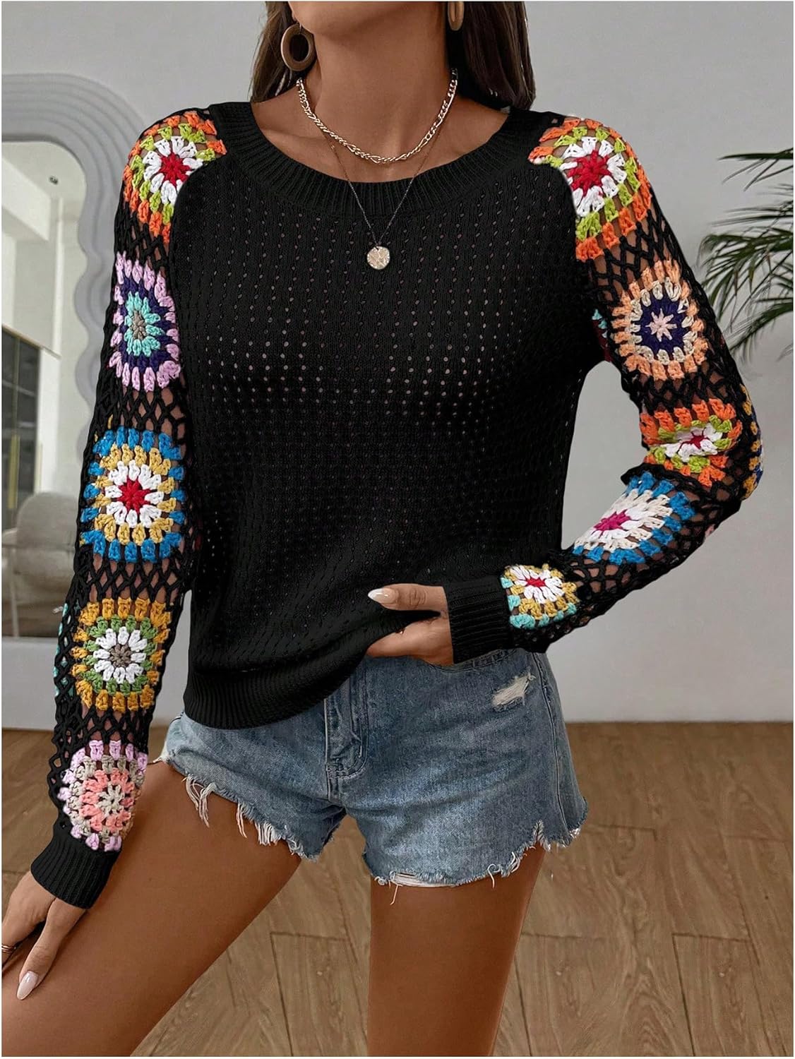 MAKEMECHIC Women's Floral Crochet Sweaters Long Sleeve Hollow Out Knit Vacation Tops - Image 5