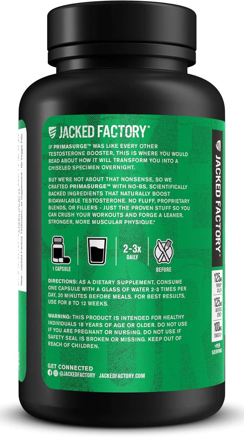 Jacked Factory Vitality Booster for Men PRIMASURGE - w/Tongkat Ali, PrimaVie, Ashwagandha - Boost Vitality, Muscle Growth & Energy | Natural Muscle Builder Supplement - 60 Veggie Pills