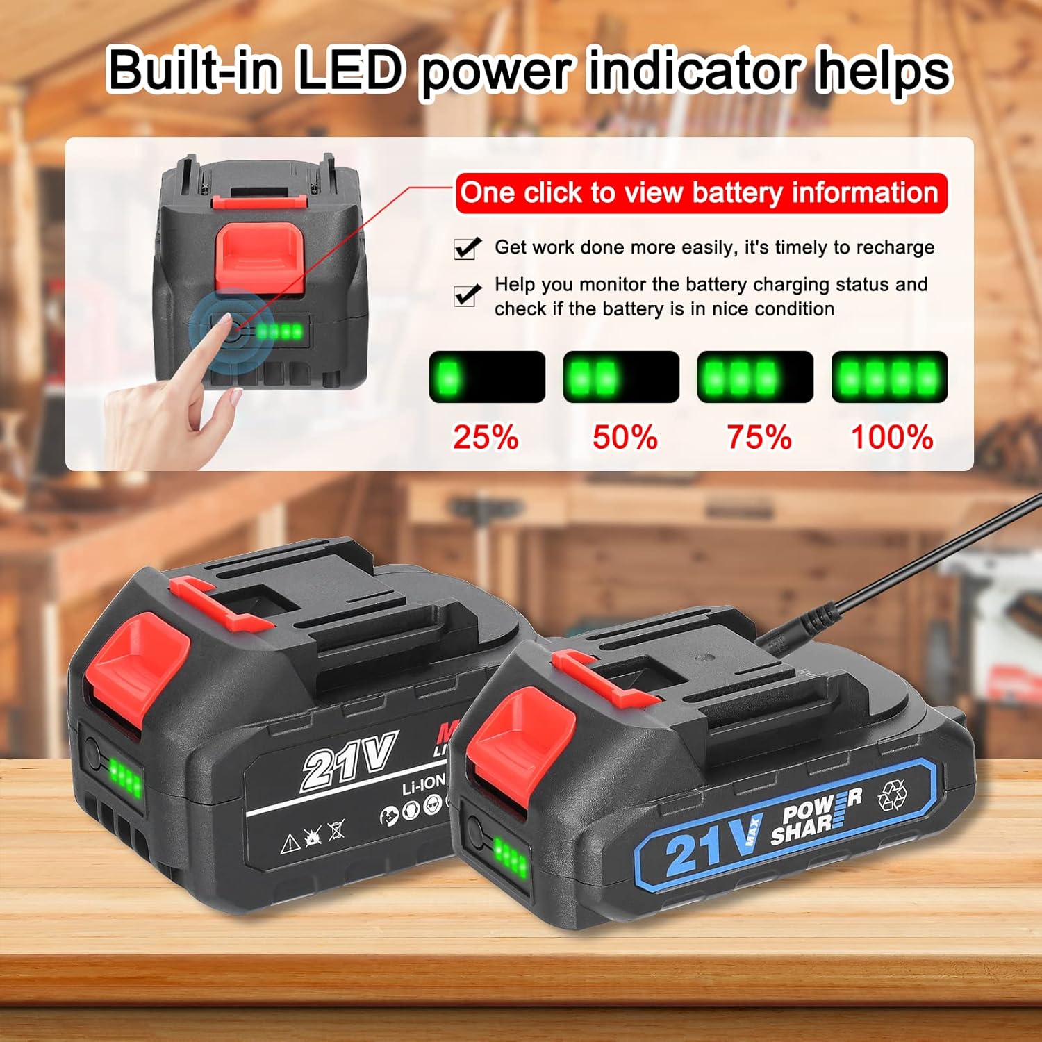 21V Rechargeable Lithium Battery and Battery Adapter Replacement Battery for Power Tool with Battery Level Indicator - Image 2