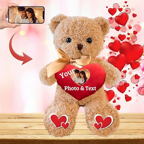 JABECODIFA Oso de peluche personalizado con foto y texto en el corazón, animales de peluche, oso de peluche de San Valentín con lazo, regalos para