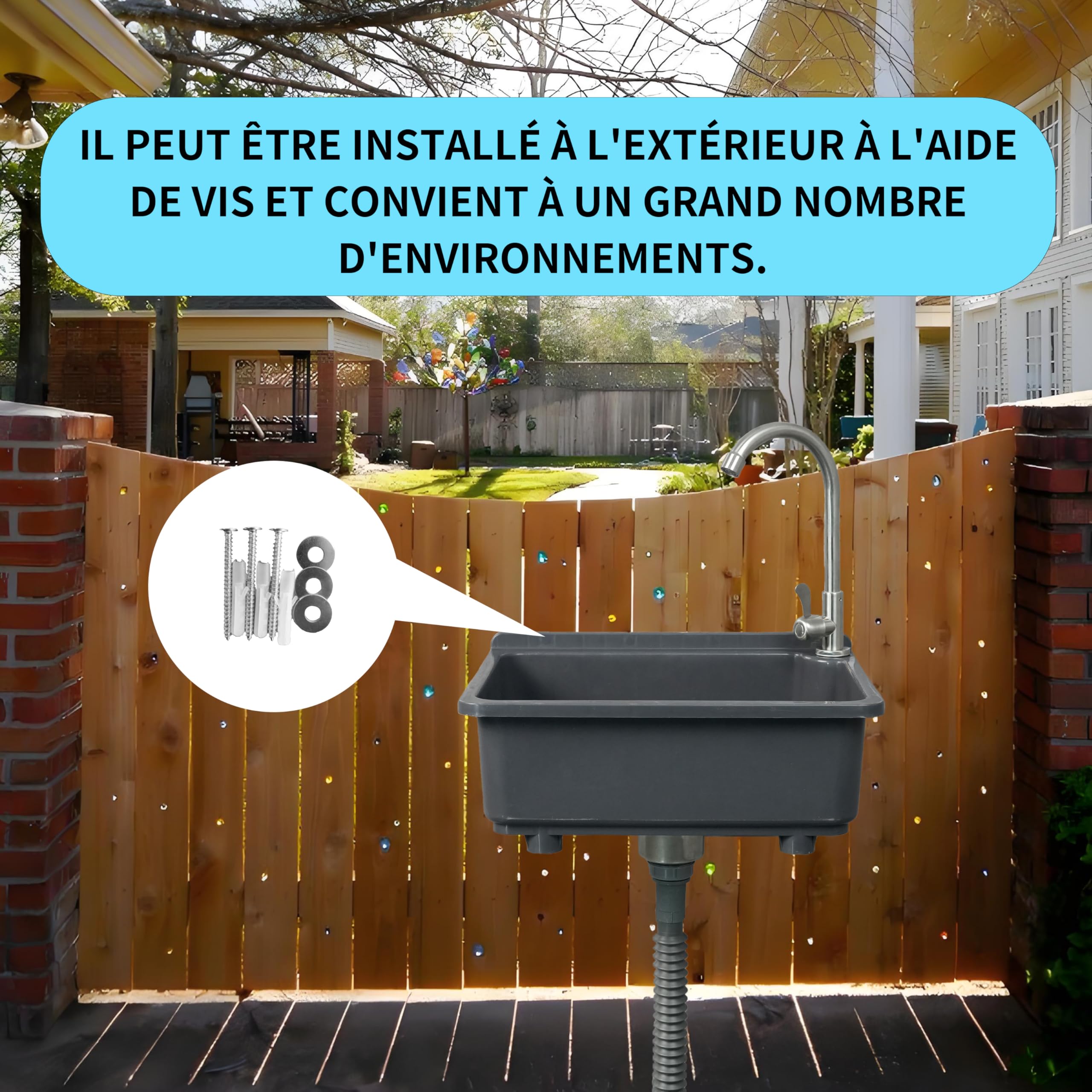 Évier de cuisine utilitaire à cuve unique de 42 x 32 cm avec trou de robinet de 3,2 cm, évier en plastique pour la maison, le restaurant, le dortoir, le garage, la salle de bain, la buanderie (gris