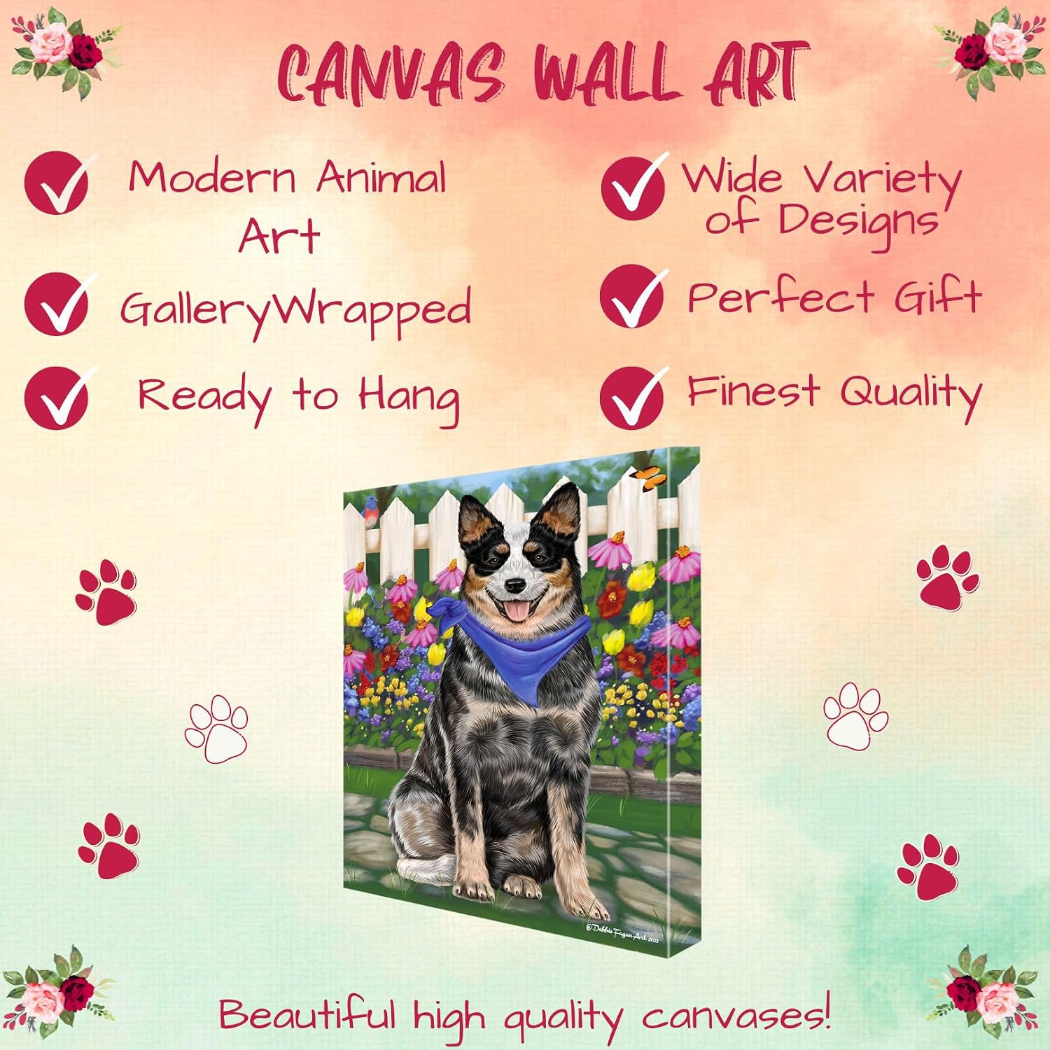 Doggie of the Day Spring Floral with Australian Cattle Dogs Canvas Wall Art - Premium Quality Ready to Hang Room Decor - Flat Rolled 11" x 14"