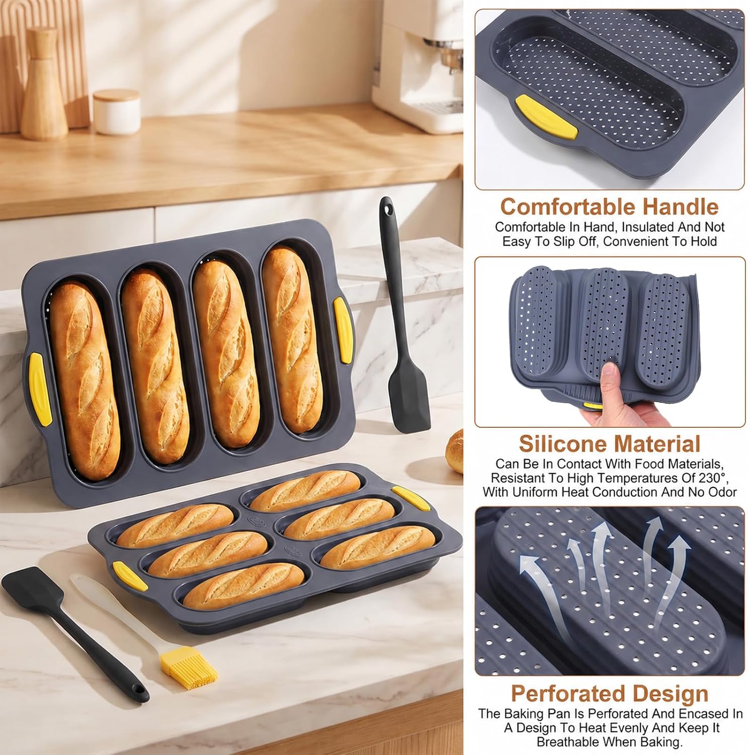 4 PCS Silicone Hot Dog Bun Pan with Scraper&Oil Brush