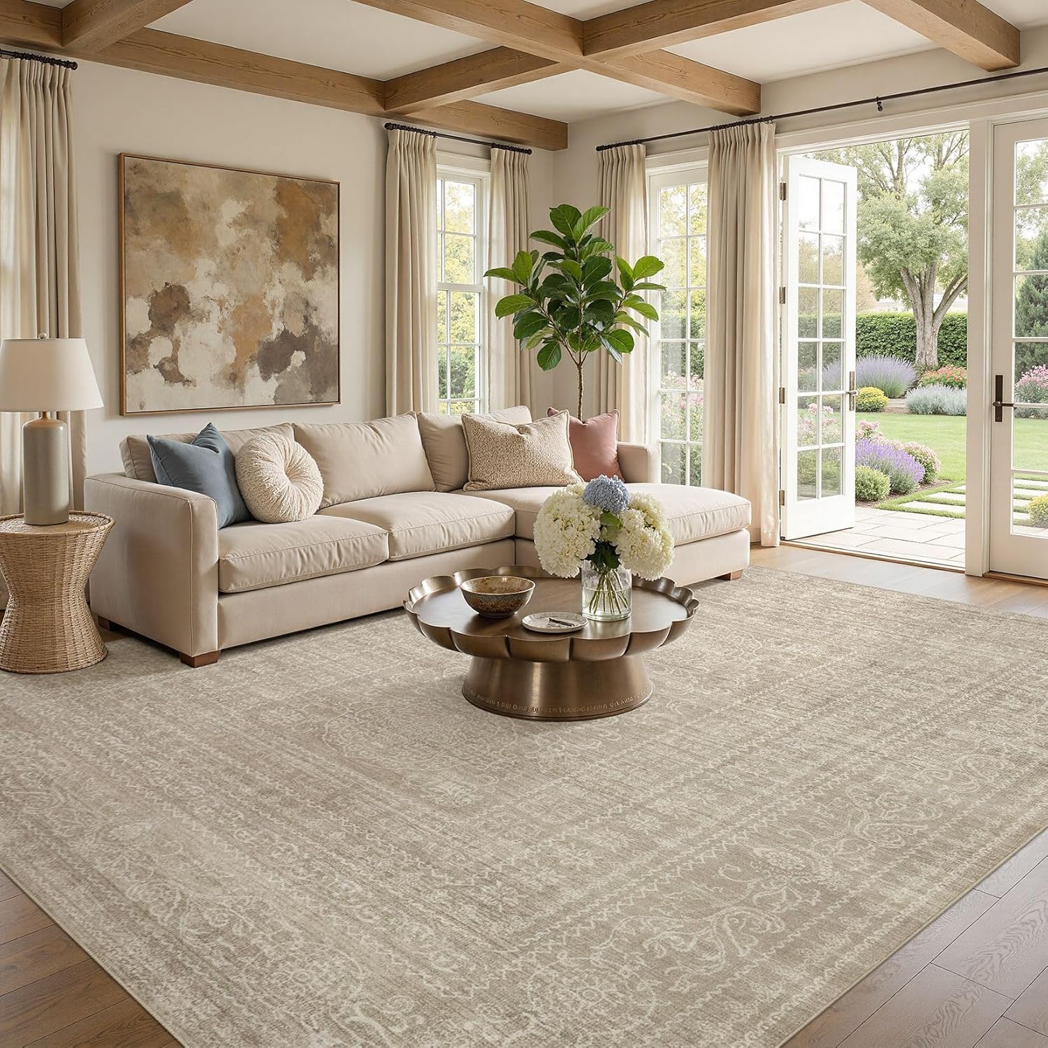 nakagishi 8x10 area rugs living room: washable large vintage rug neutral non-slip soft stain resistant indoor carpet for bedroom nursery dining room office playroom - brown brown 8' x 10' (rectangular)