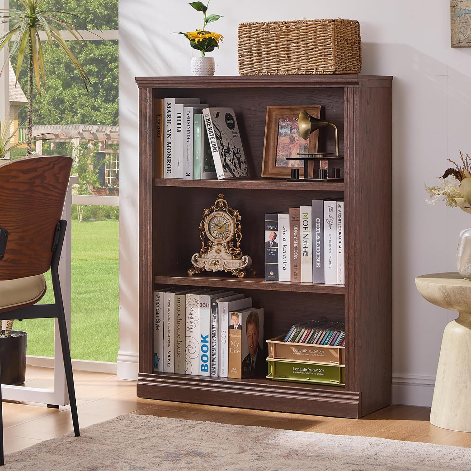 43" Walnut Tall Bookshelf,3-Tier Thick Wooden Book Shelf with Adjustable Shelves,Free Standing Farmhouse Bookcase with Open Display Storage,Floor Vintage Bookshelves for Living Room,Office