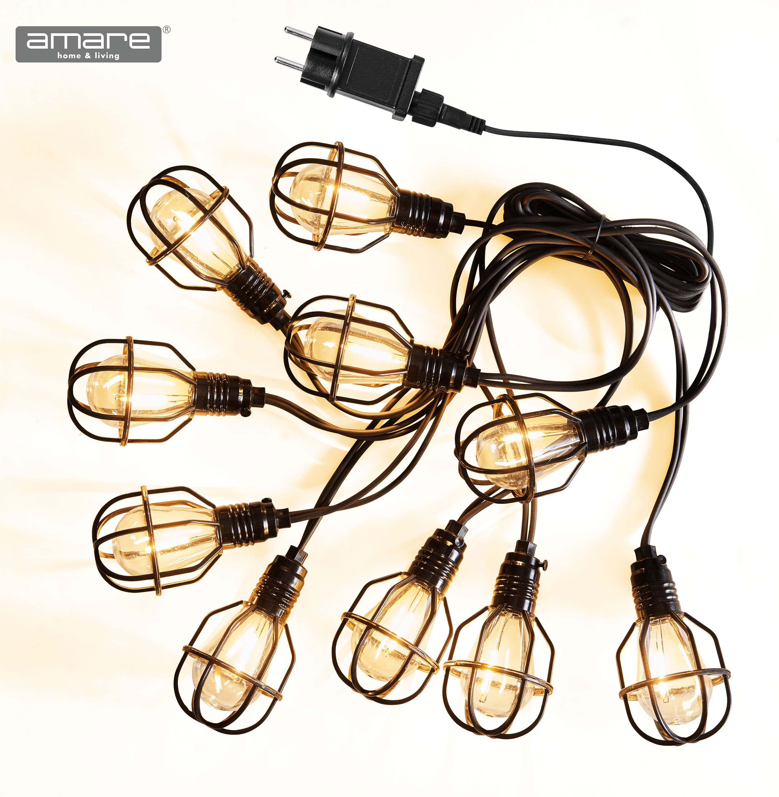 AMARE Catena luminosa industriale per interni ed esterni, 10 lampadari con alloggiamento della lampada nera, cavo da 3 m, IP44 e timer