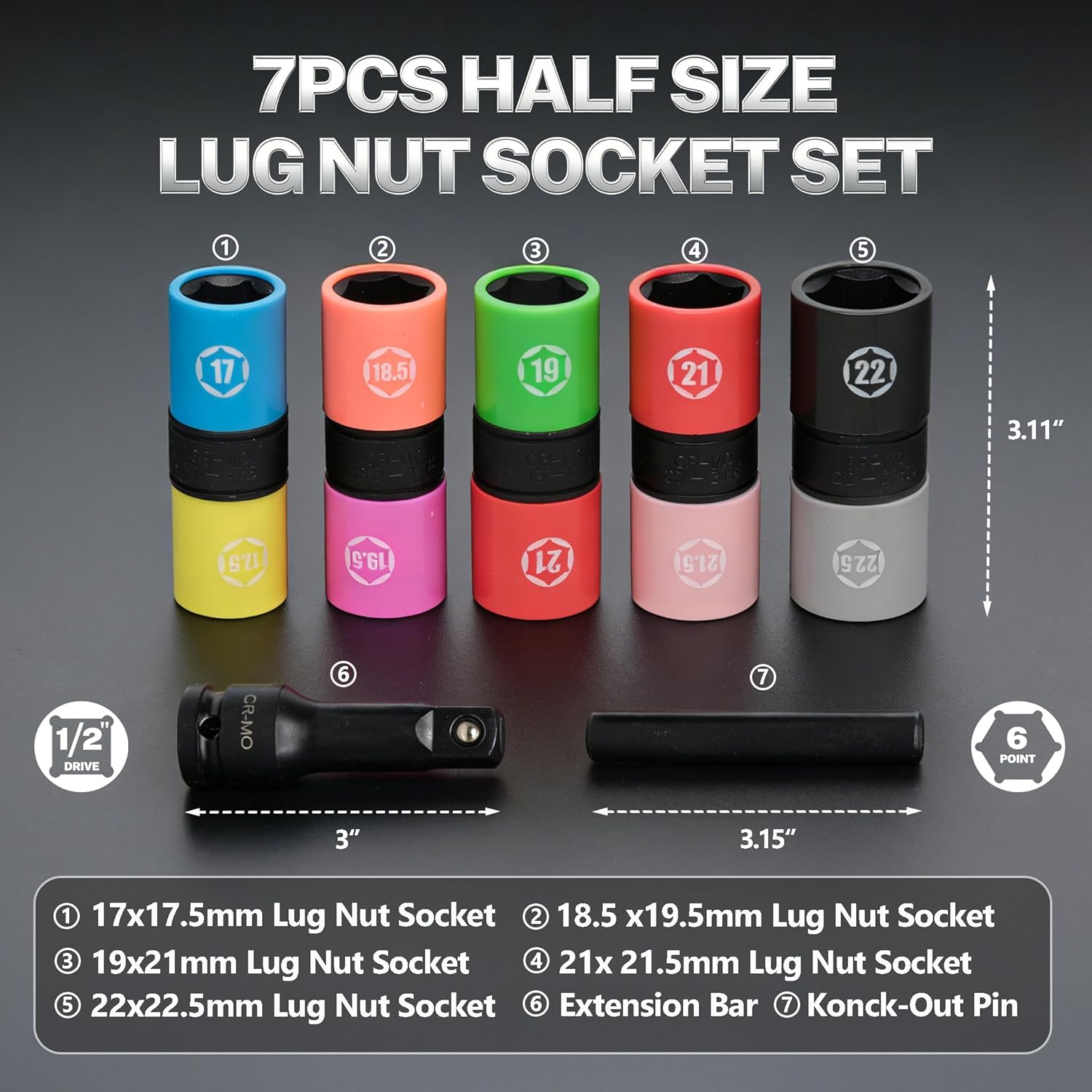 Half Sizes Lug Nut Socket Set, 1/2" Thin Wall Impact Flip Sockets for Wheel lug Nuts with Non-Marring Sleeves, 17/17.5, 18.5/19.5, 19/21, 21/21.5, 22/22.5mm, Knockout Bar & Extension, CR-MO, 7 PCS