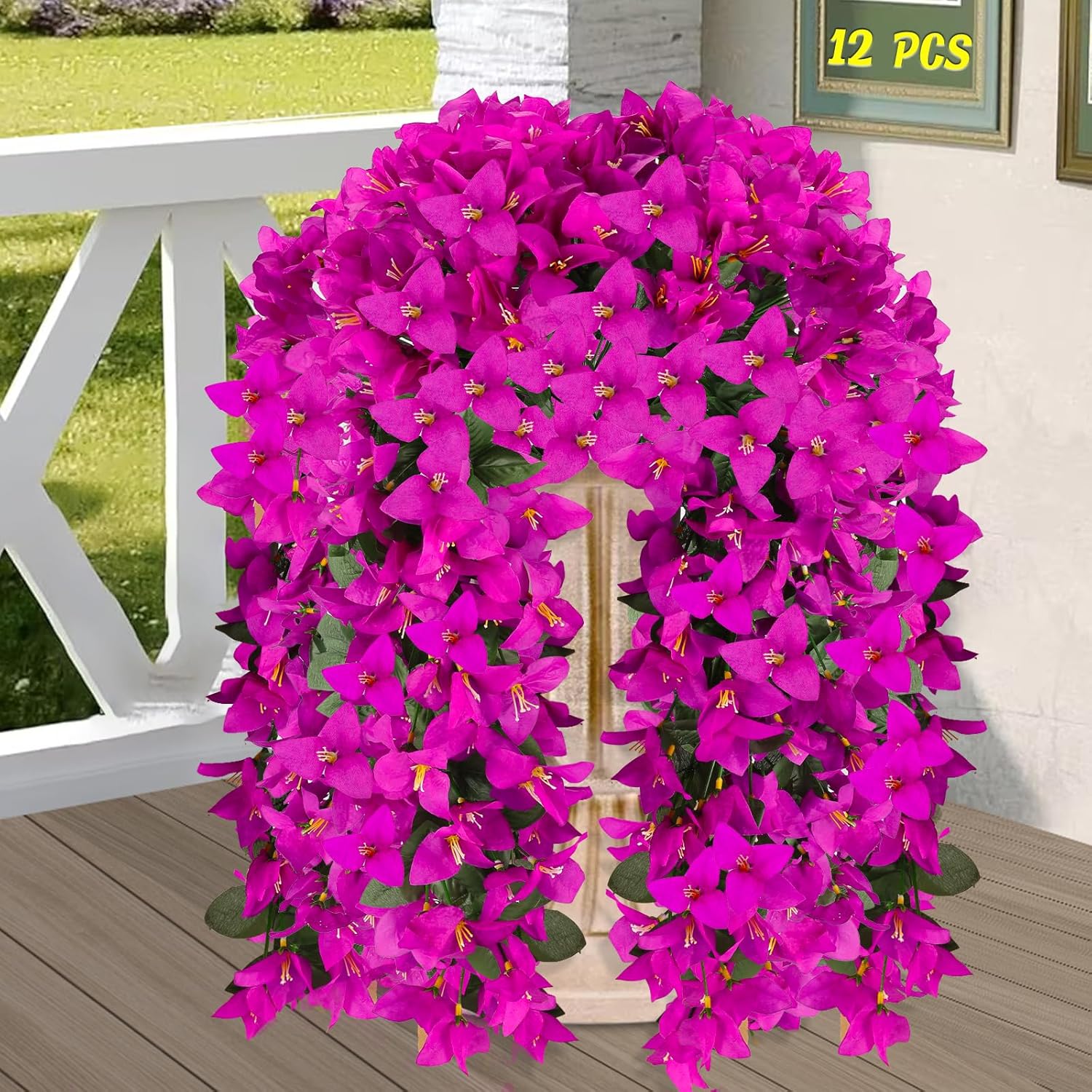 Alotiki Artificial Bougainvillea Flowers for Outdoor Plant,12 pcs Faux Hanging Flowers Bougainvillea for Outside Decoration,Fake Silk UV Resistant Vines for Front Door Porch(Fuchsia)