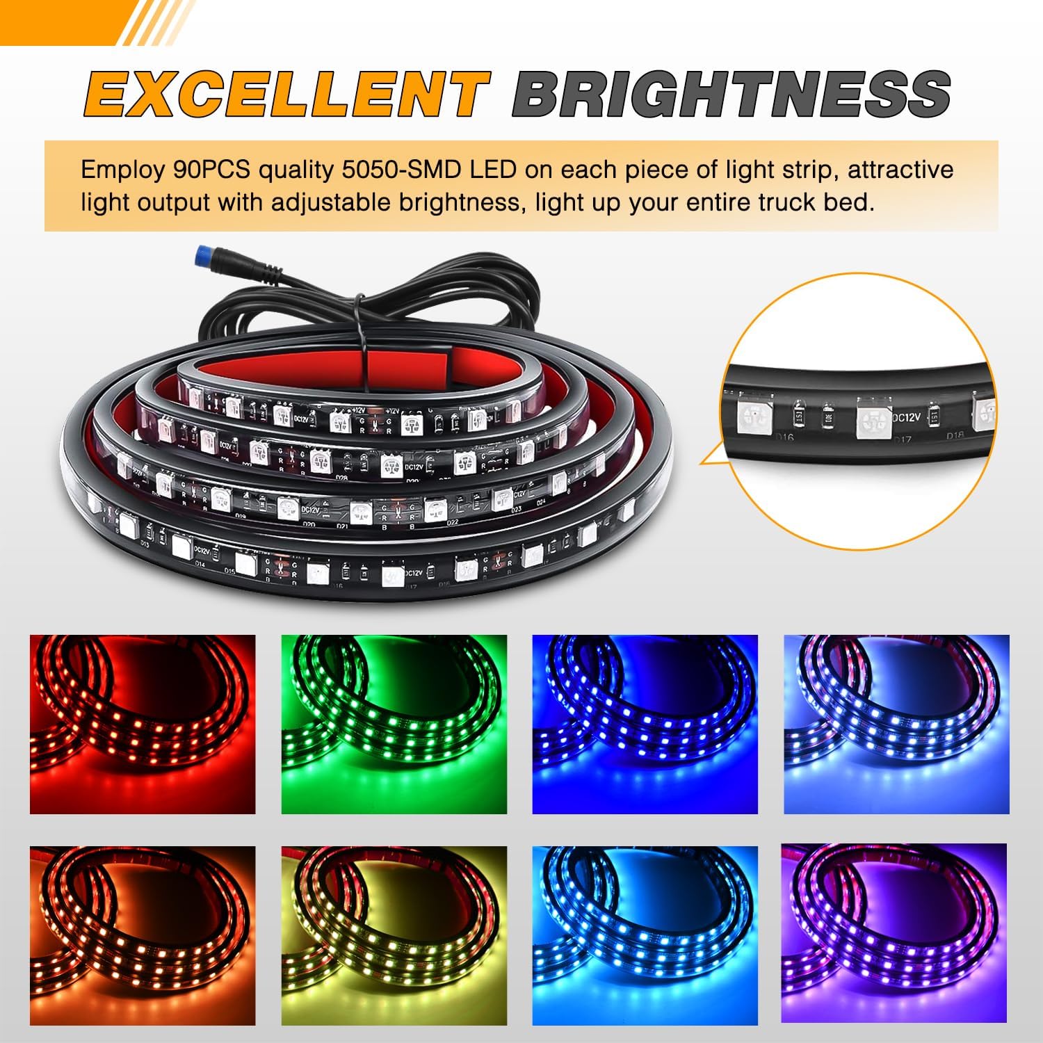 GOOACC RGB Truck Bed Light Strip 3PCS 60" 270 LEDs Neon Accent Lighting with RF Remote On/Off Switch Splitter Extension Cable for 12-Volt Car Cargo Pickup SUV RV Boat