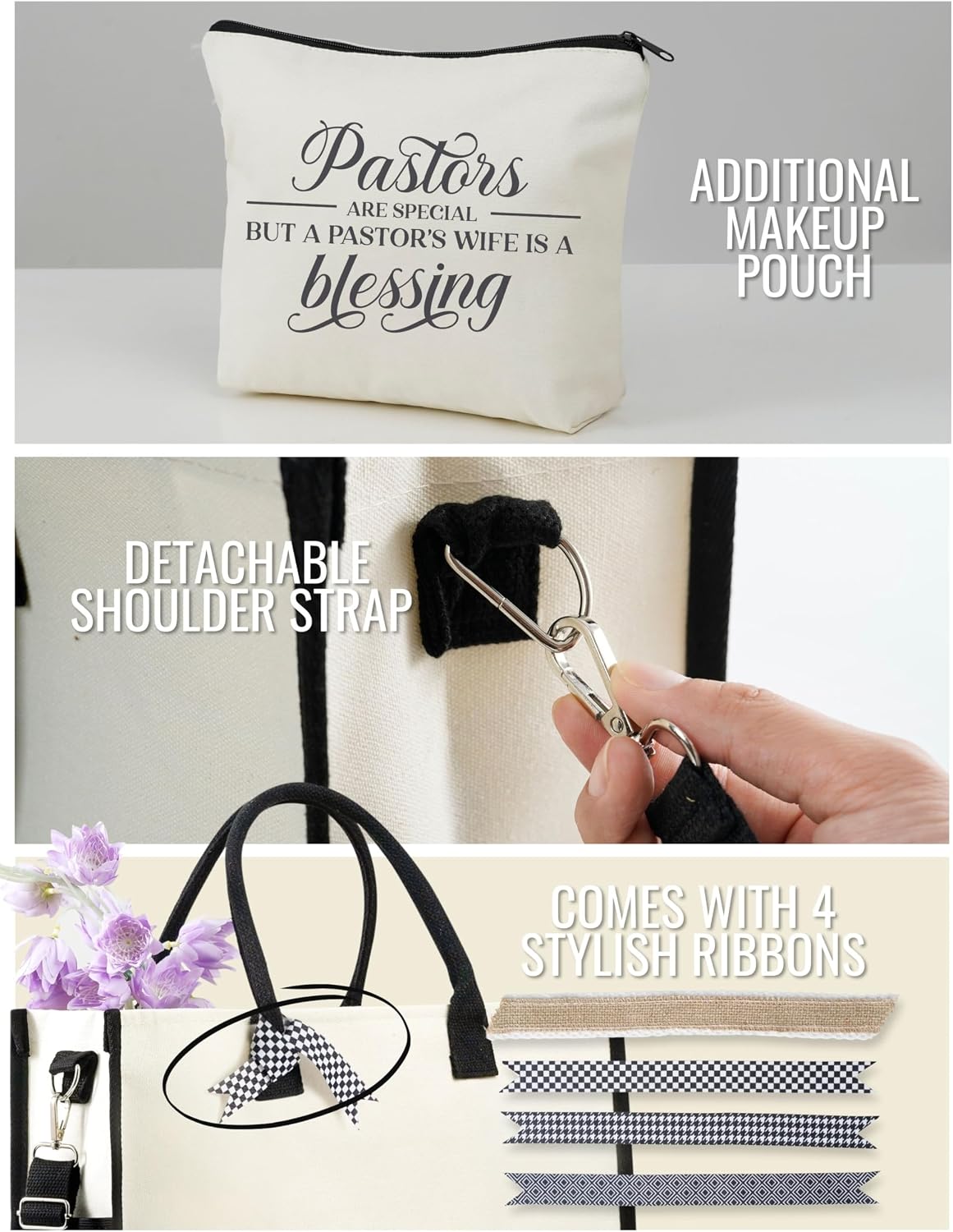 InnoBeta Pastor Wife Appreciation Gifts Canvas Tote Bag for Women with Top Zipper Shoulder Strap