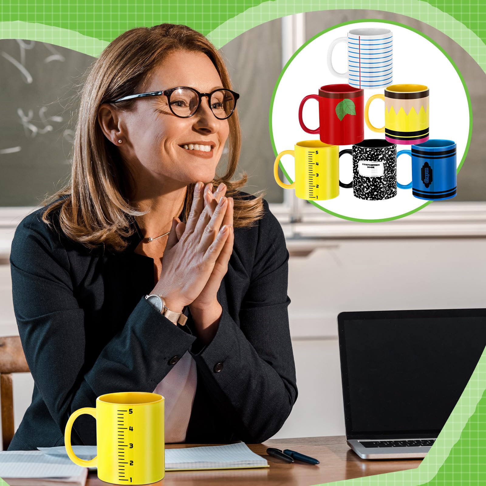 Lot de 6 tasses à café en céramique avec poignées pour enseignant de Noël, Thanksgiving, carnet de notes, design crayon pour maternelle, enseignant primaire - 325 ml